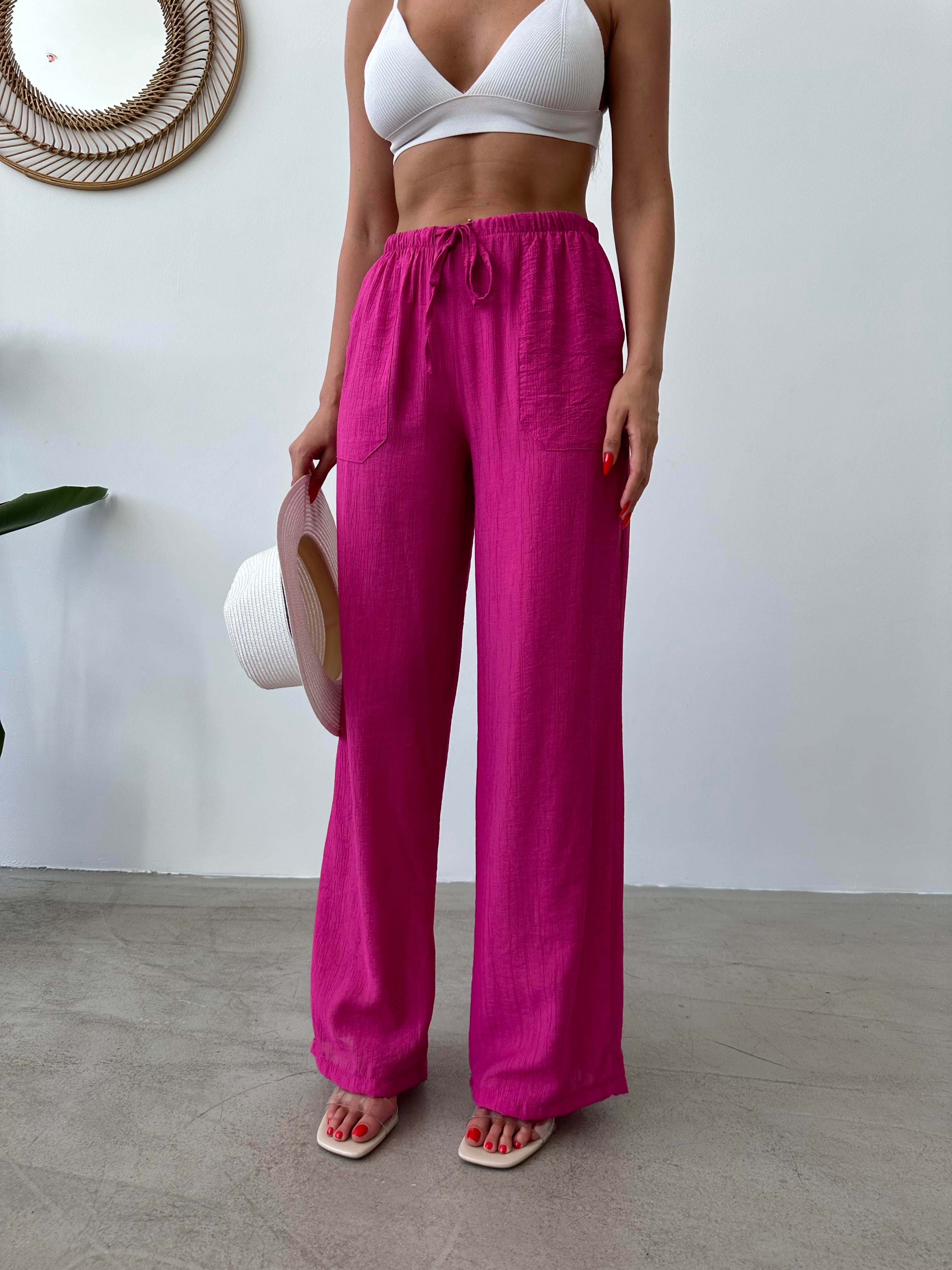 Beli Lastikli Bol Paça Fuşya Krinkıl Pantolon