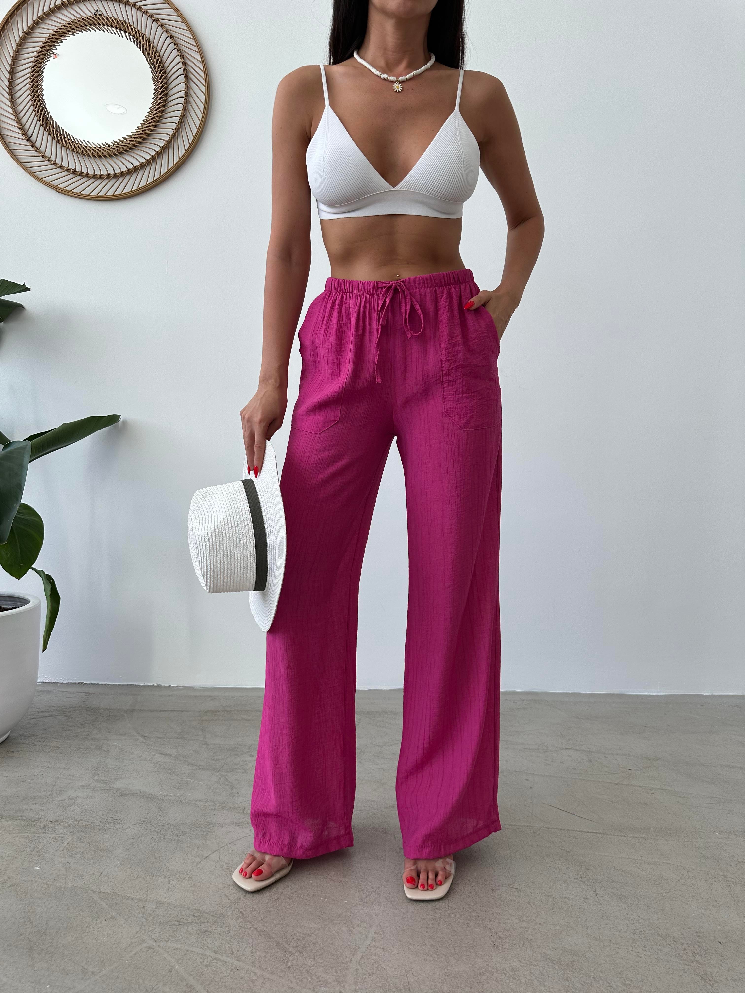 Beli Lastikli Bol Paça Fuşya Krinkıl Pantolon