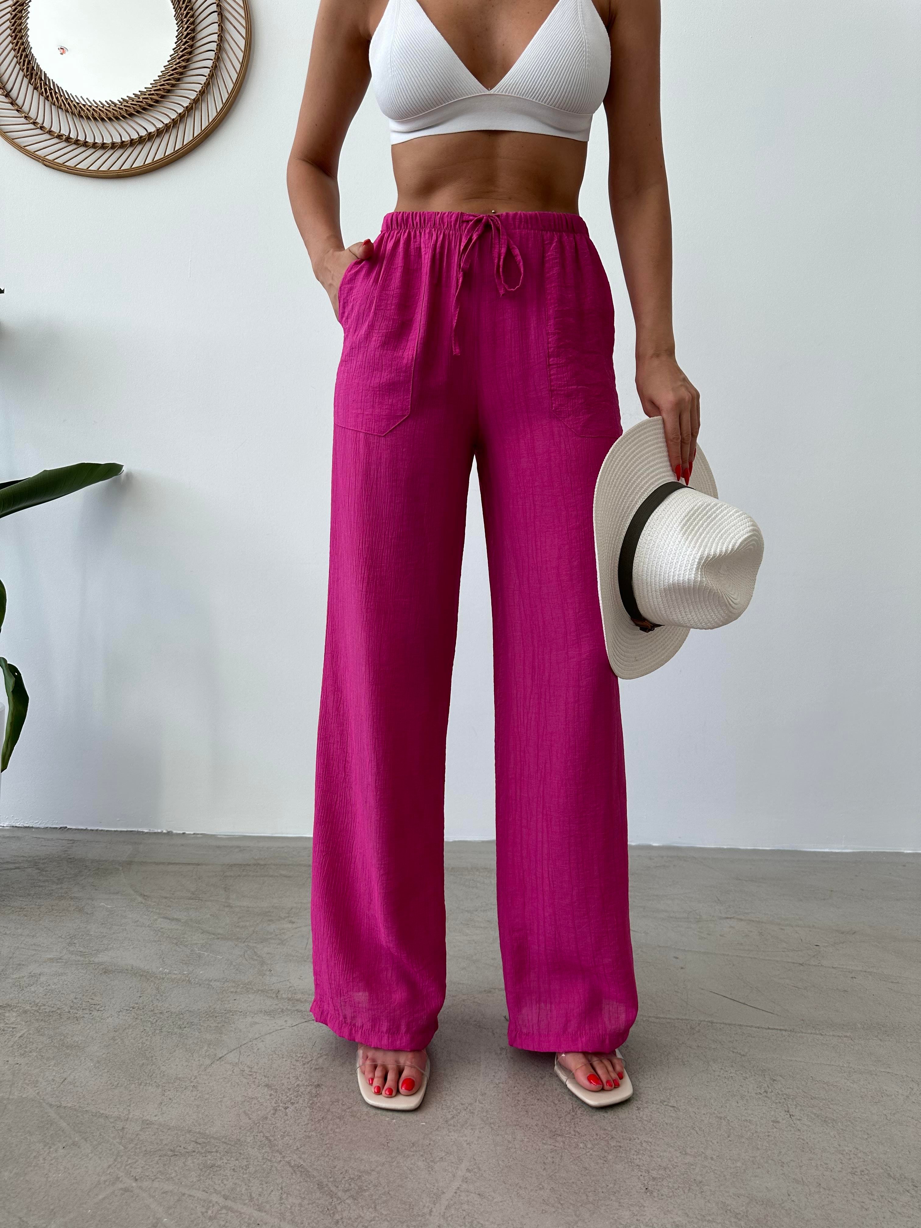 Beli Lastikli Bol Paça Fuşya Krinkıl Pantolon