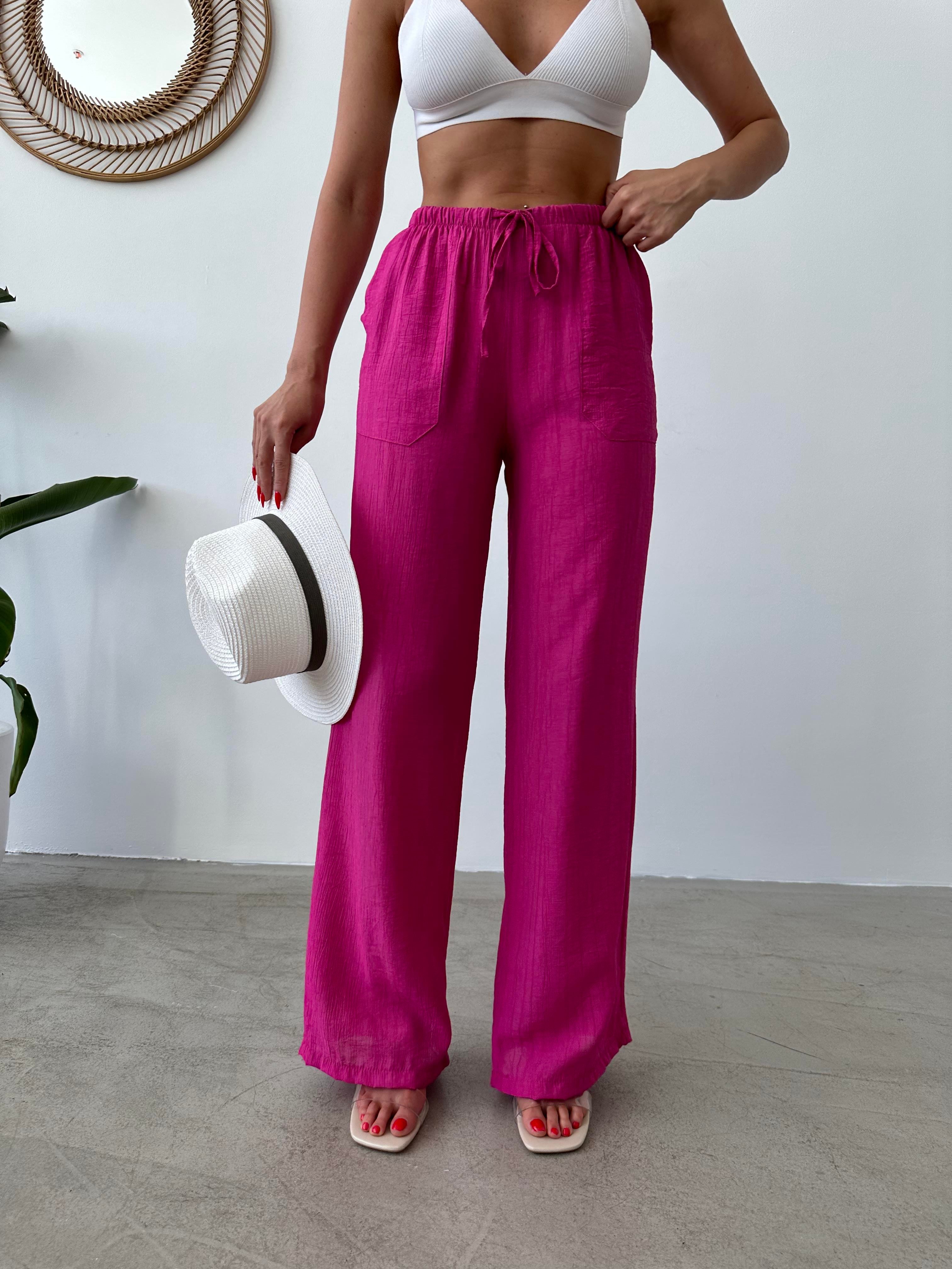 Beli Lastikli Bol Paça Fuşya Krinkıl Pantolon