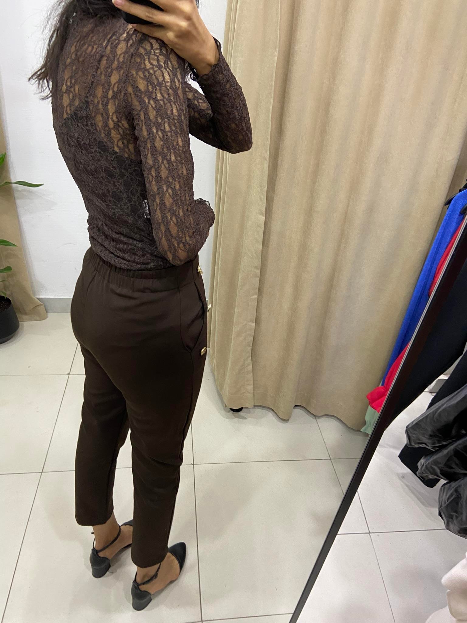 Beli Lastikli Gold Düğmeli Kahverengi Havuç Pantalon
