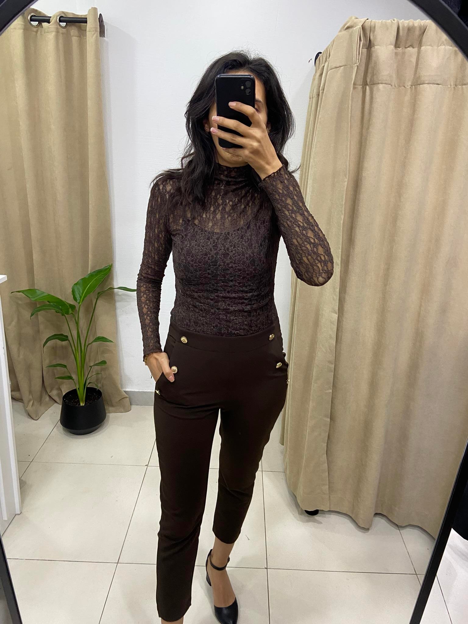 Beli Lastikli Gold Düğmeli Kahverengi Havuç Pantalon