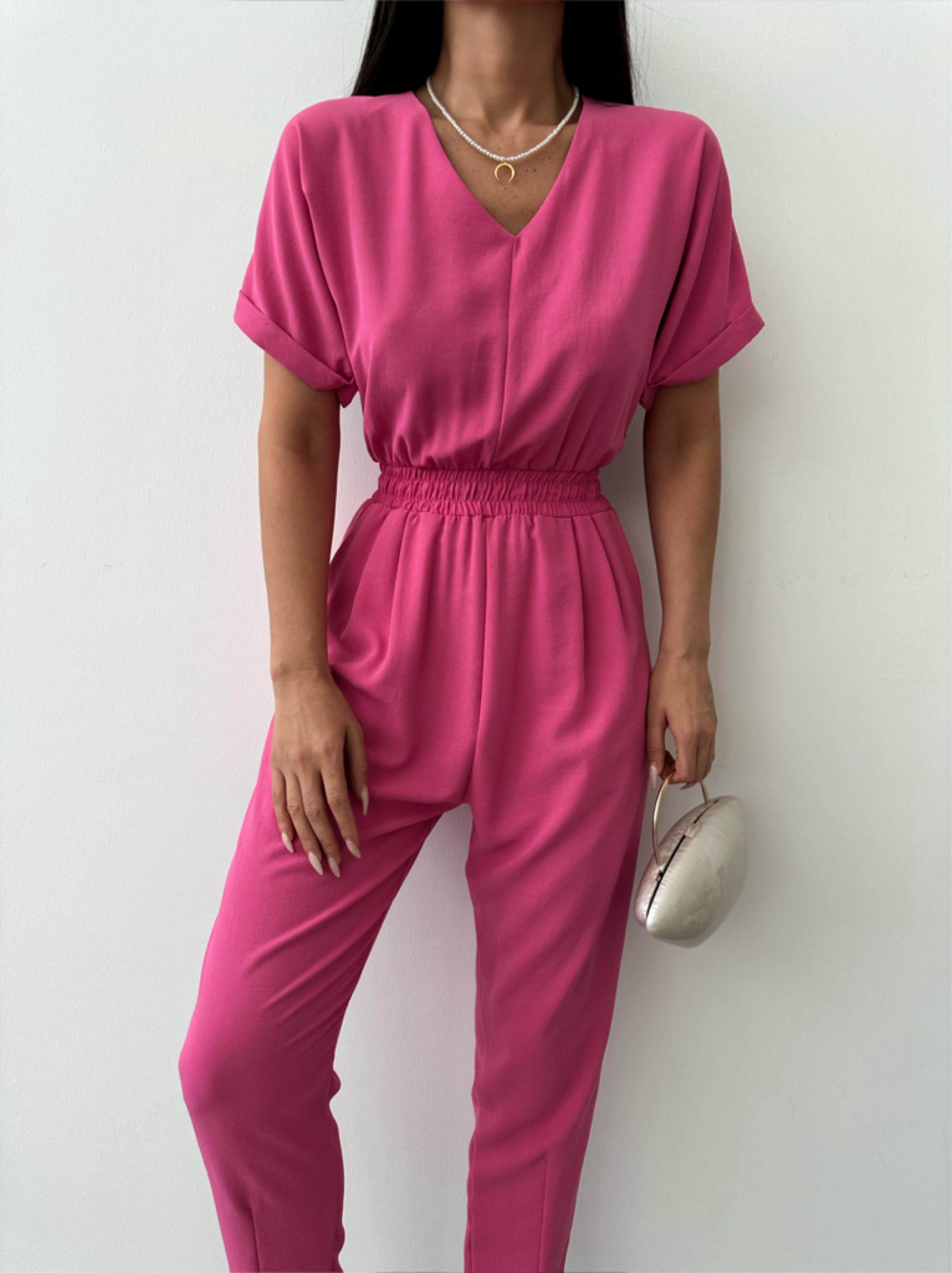 Beli Lastikli V Yaka Pembe Tulum