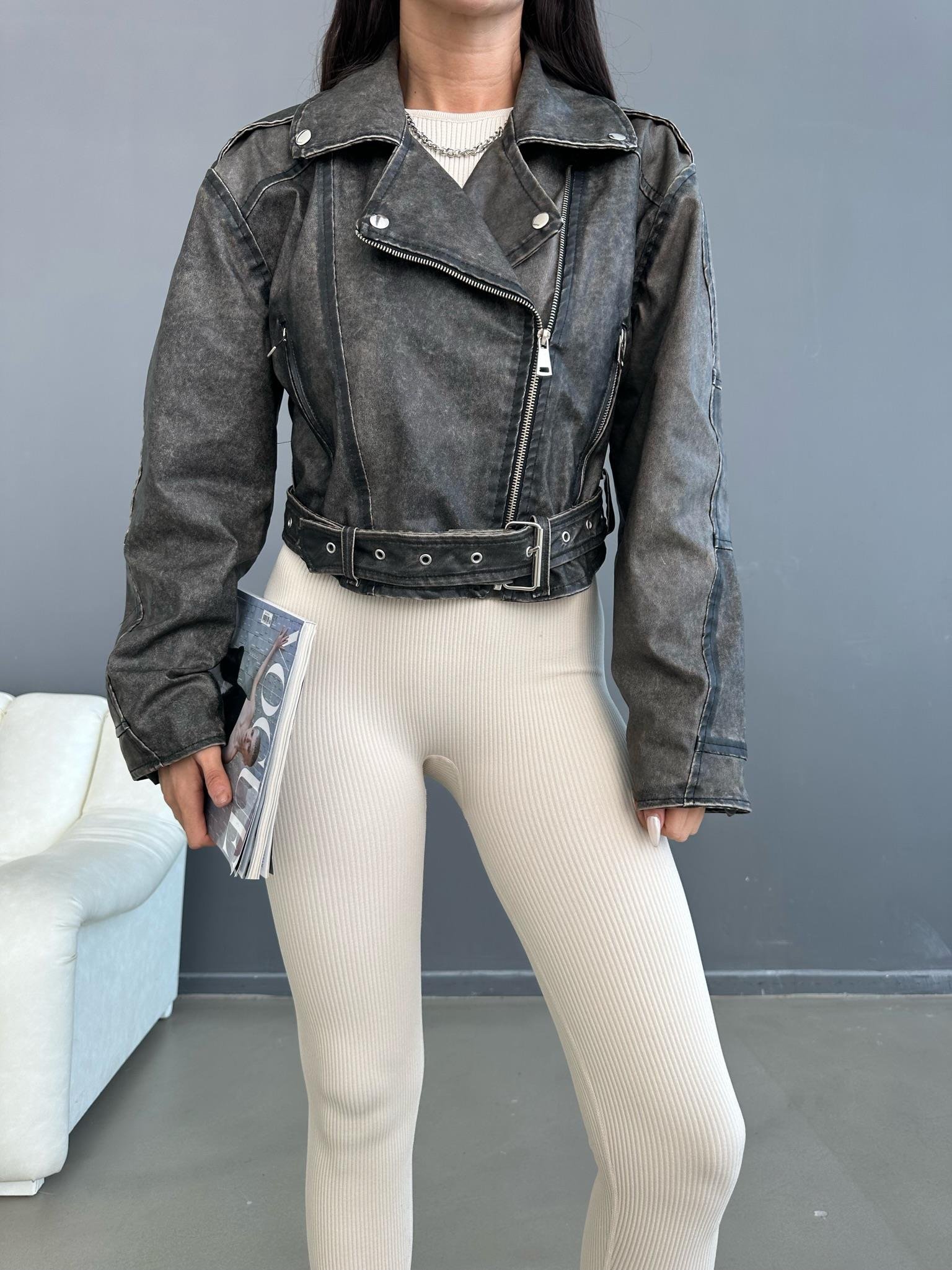 Eskitmeli Biker Siyah Deri Ceket