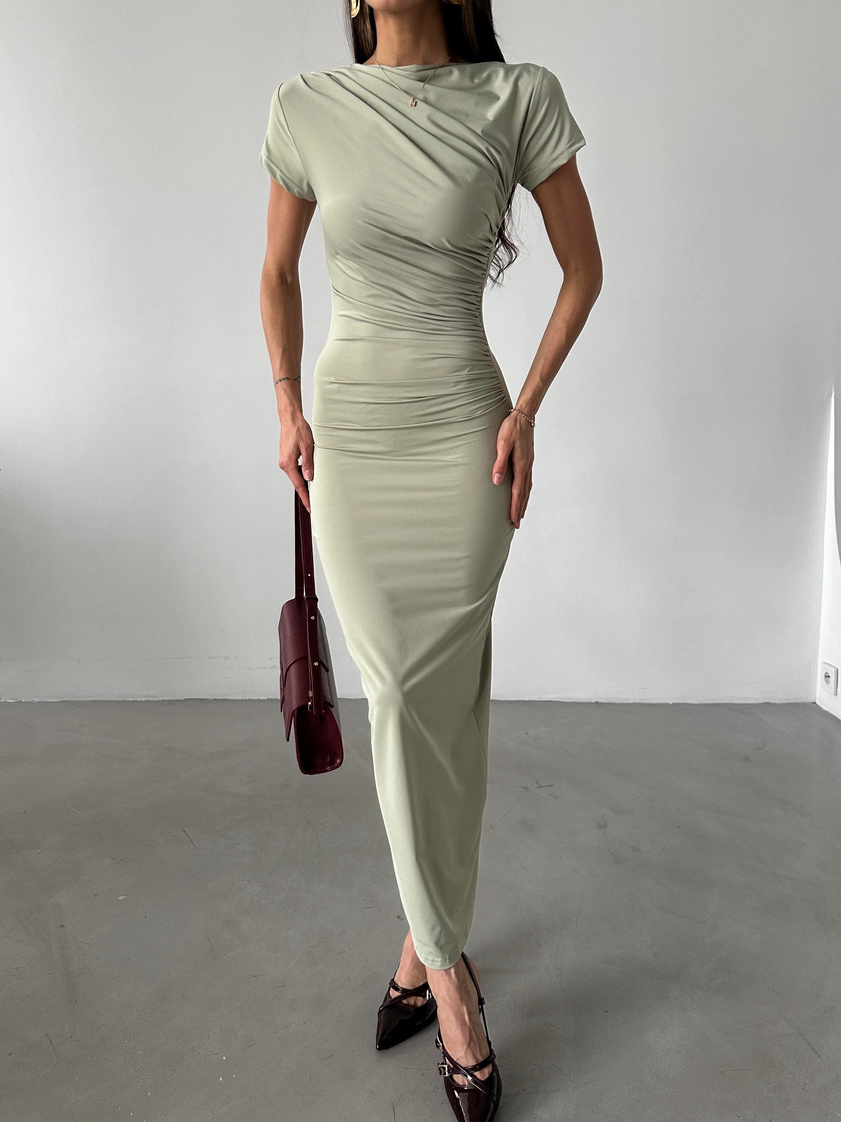 Kısa Kol Drape Detaylı Yeşil Elbise