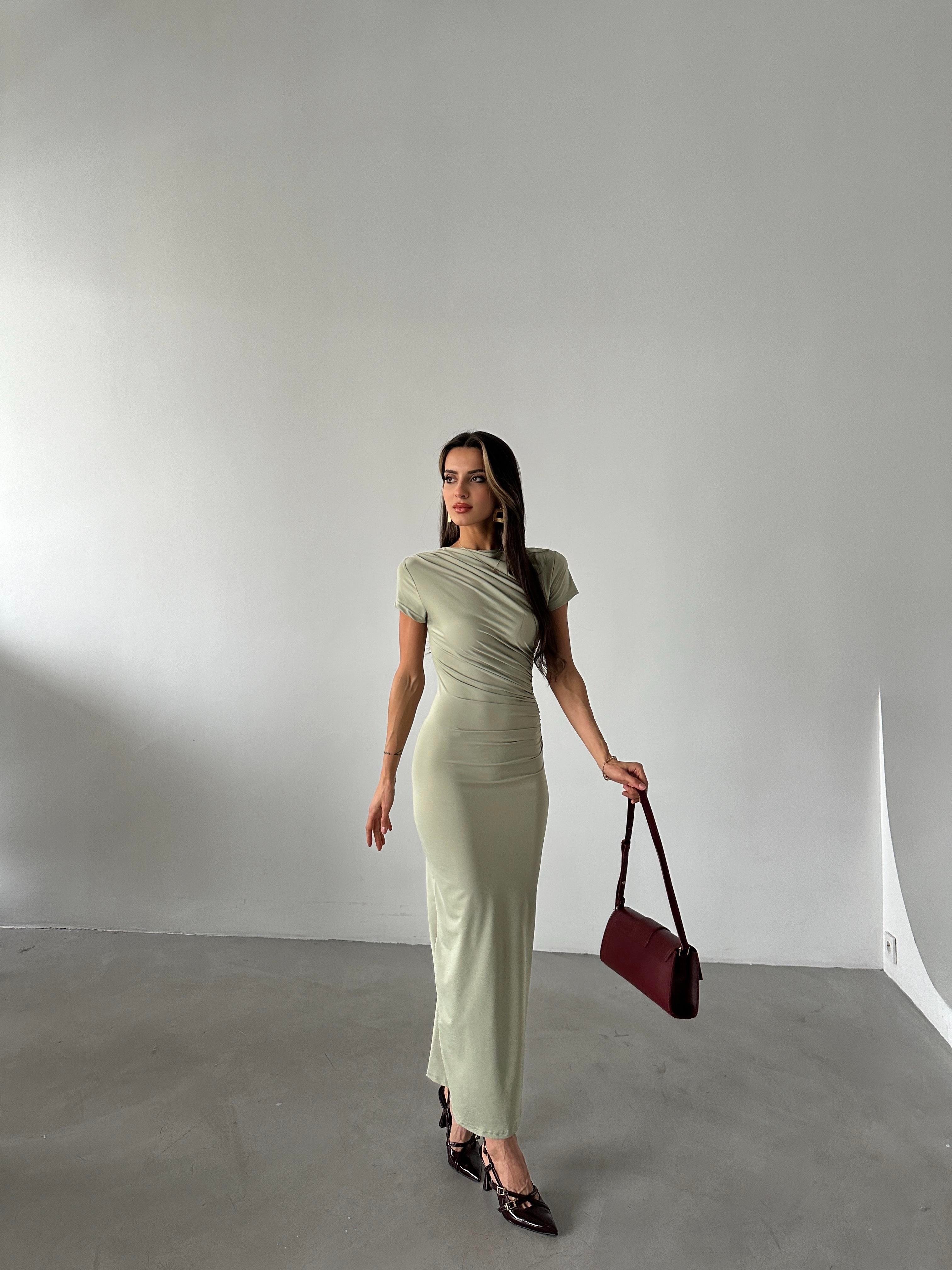 Kısa Kol Drape Detaylı Yeşil Elbise