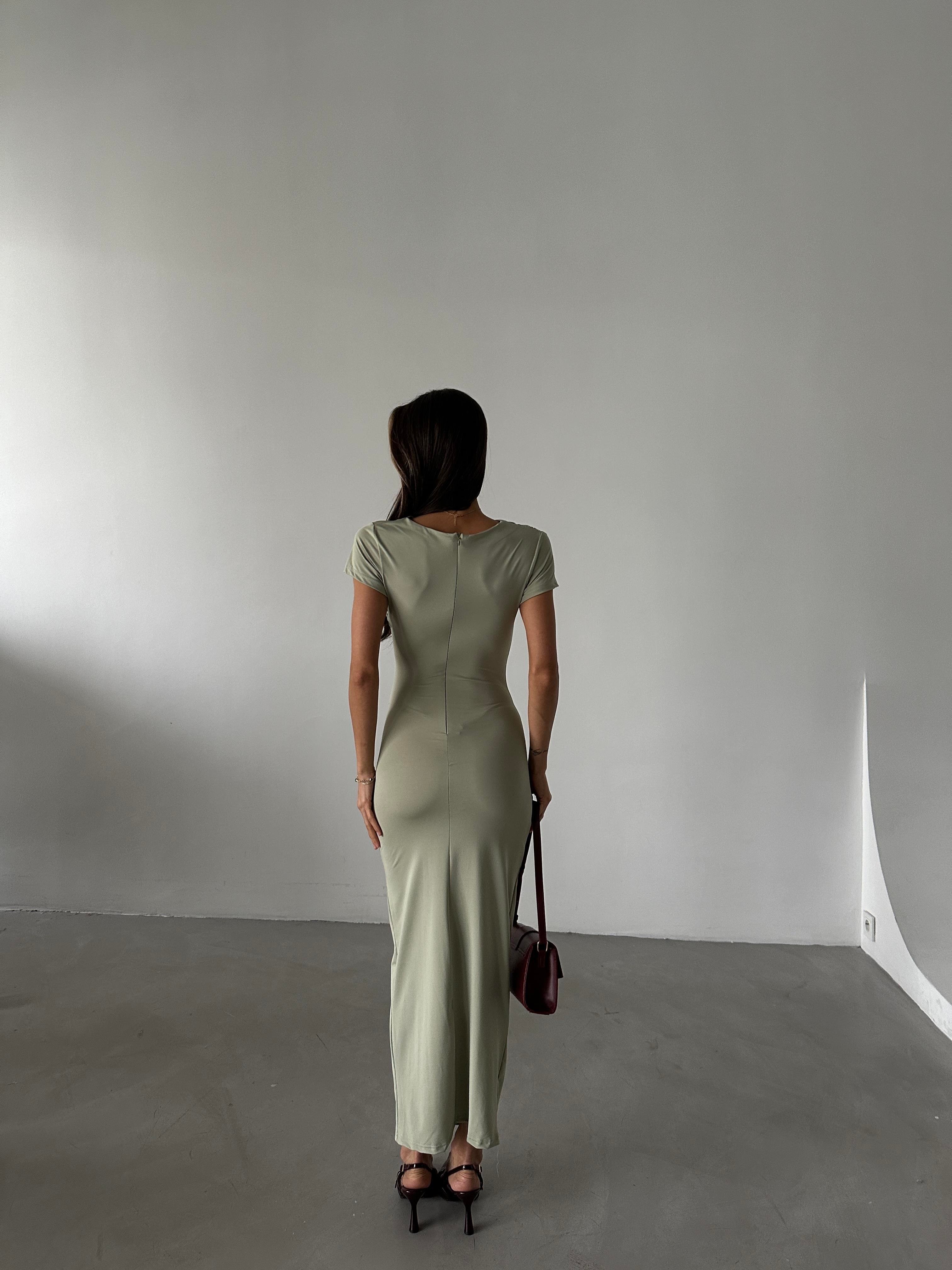 Kısa Kol Drape Detaylı Yeşil Elbise