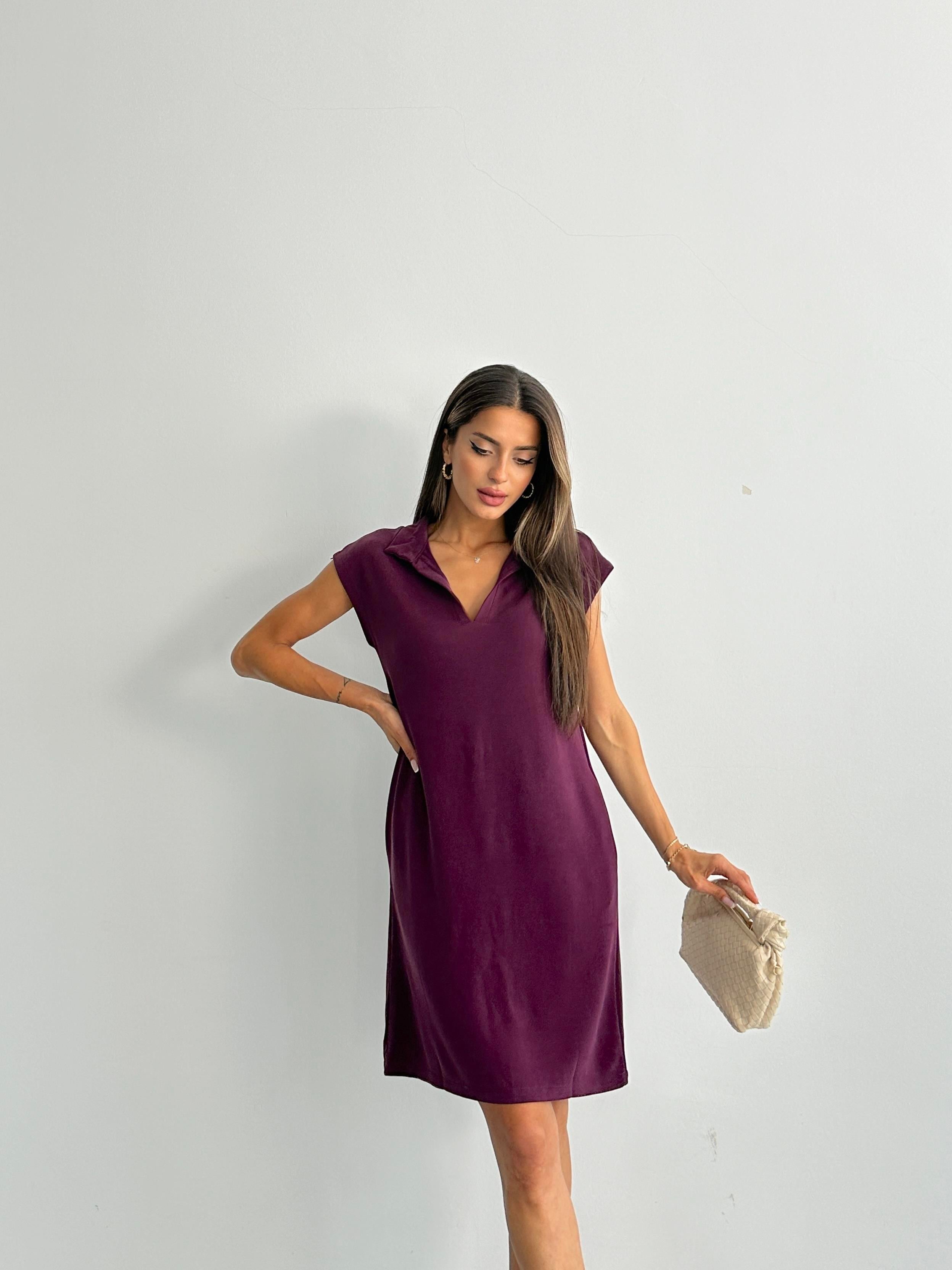Polo Yaka Cepli Pike Modal Bordo Elbise