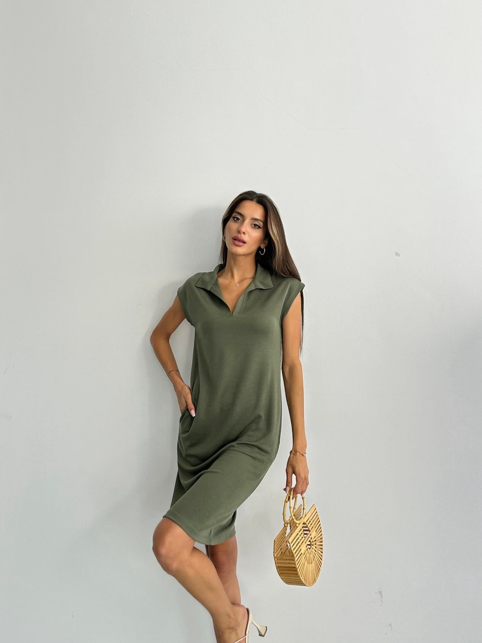 Polo Yaka Cepli Pike Modal Haki Elbise