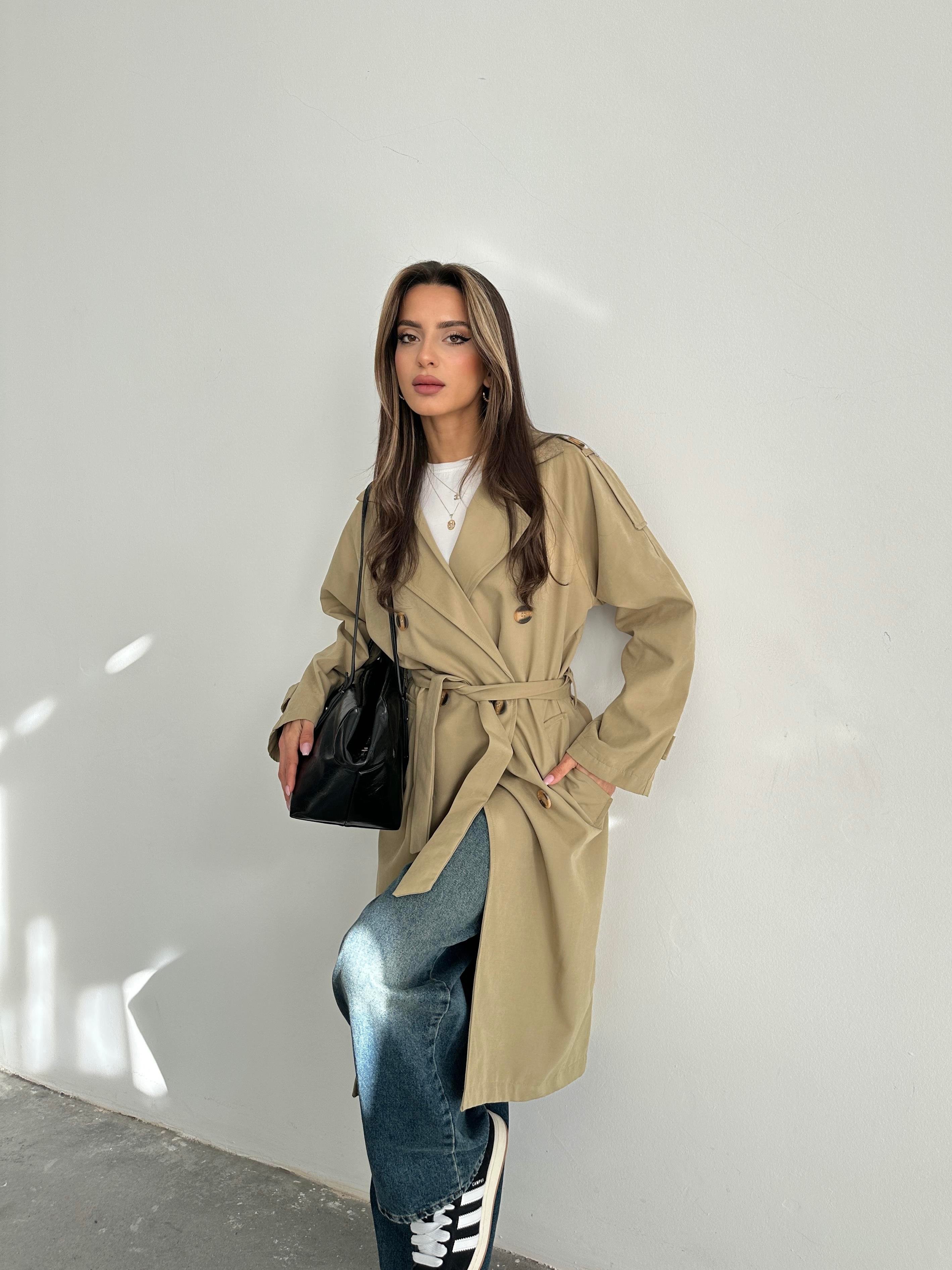 Premium Kuşaklı İçi Astarlı Haki Trençkot