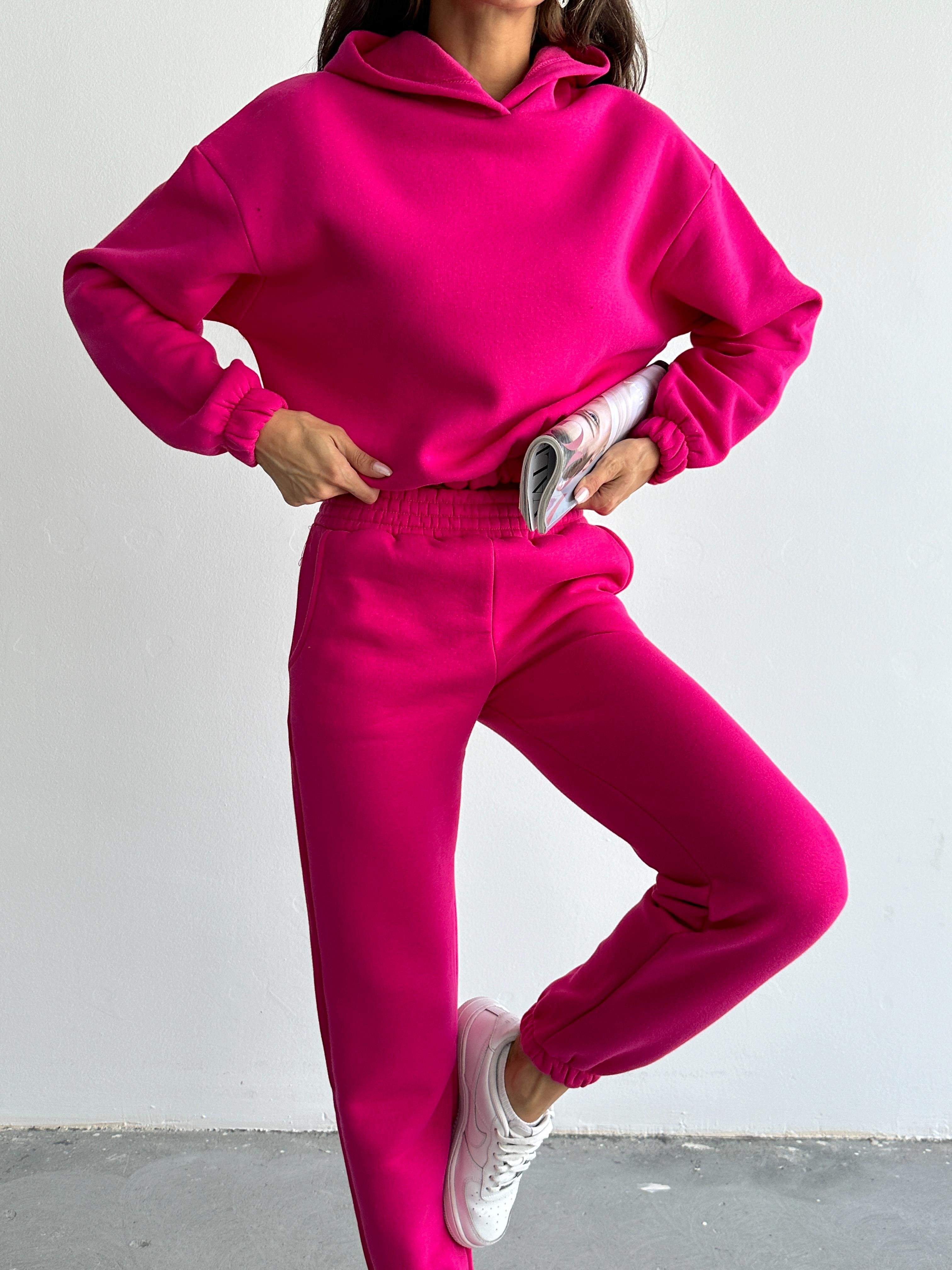 Üç İplik Şardonlu Pembe Eşofman Takımı