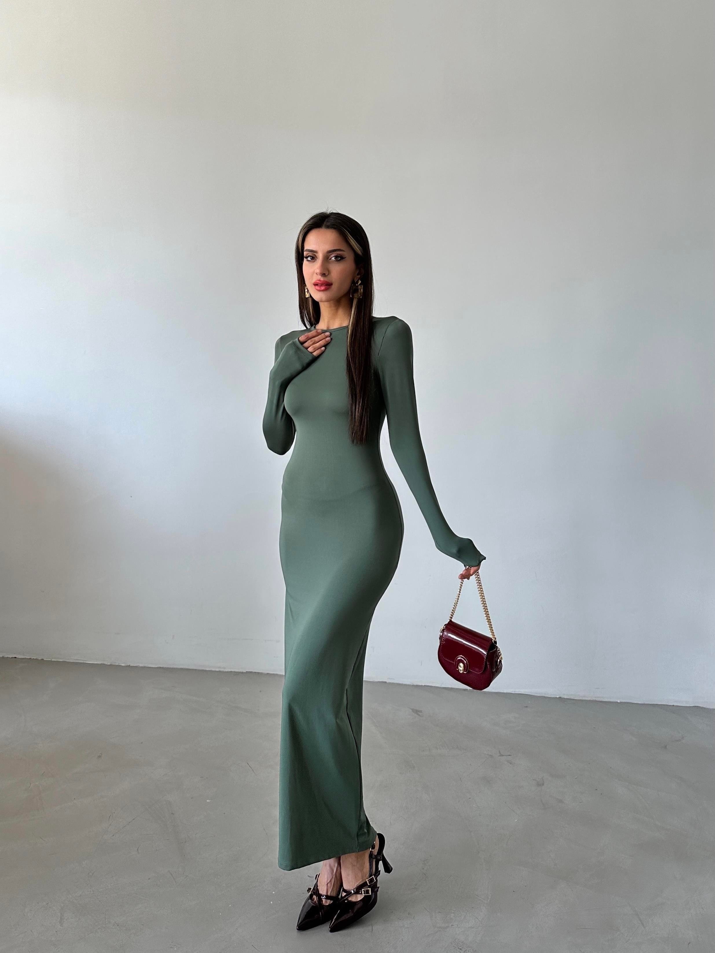 Uzun Kol Toparlayıcı Haki Elbise