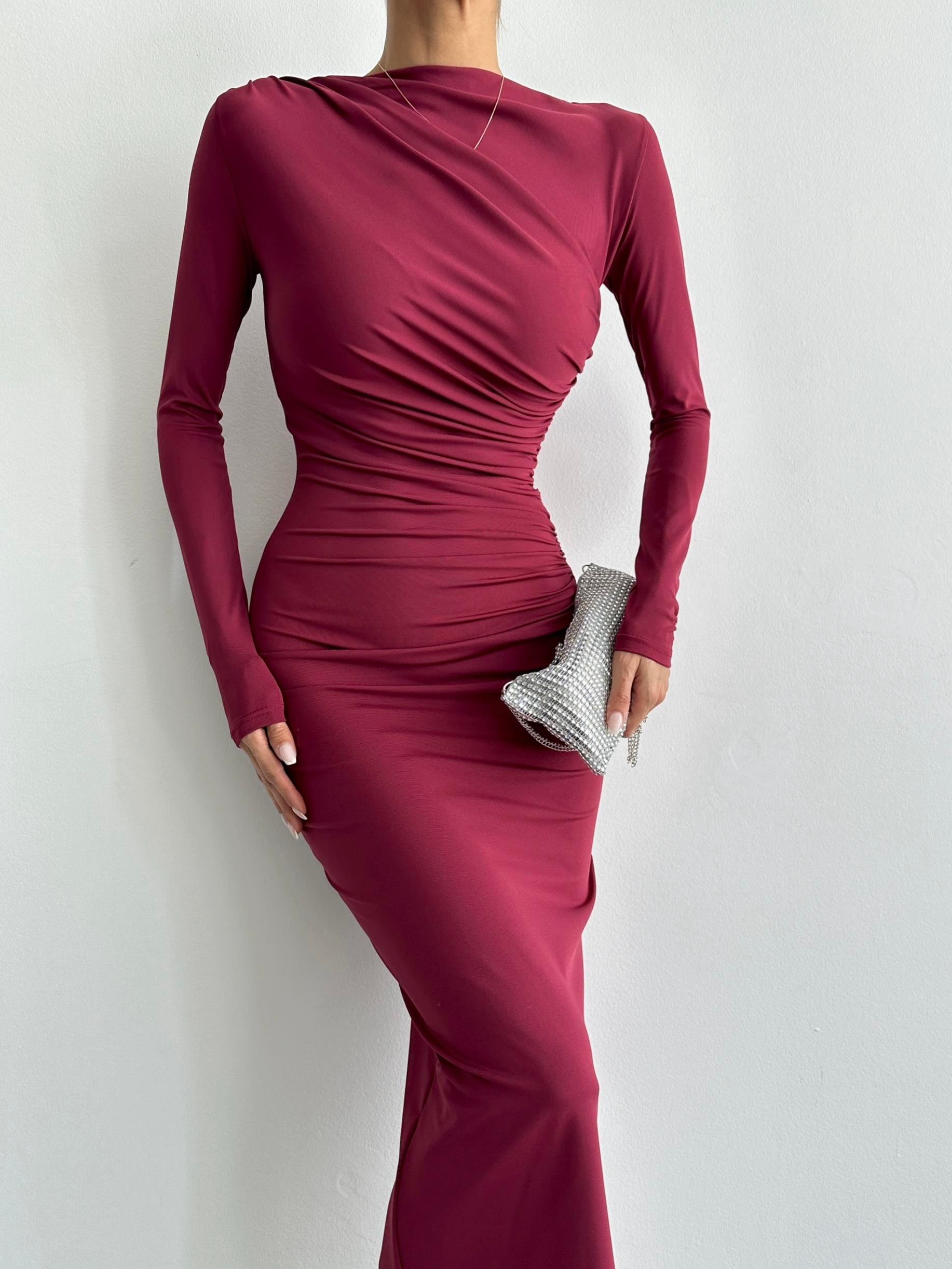 Uzun Kollu Göğüs Ve Bel Kısmı Drape Detaylı Bordo Elbise