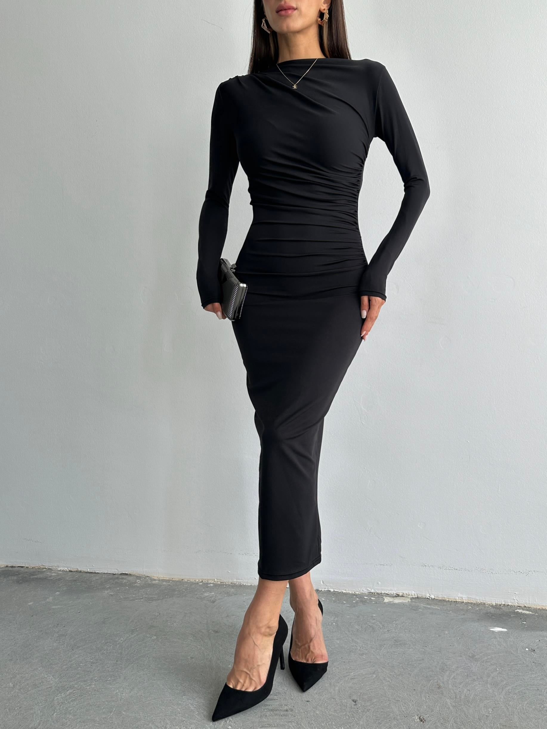 Uzun Kollu Göğüs Ve Bel Kısmı Drape Detaylı Siyah Elbise