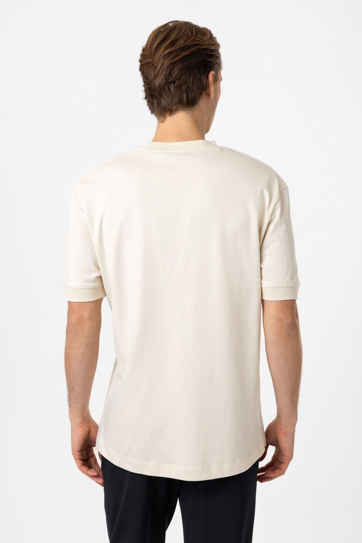 Bej Relaxed Fit %100 Pamuk Kısa Kollu Bisiklet Yaka Sweatshirt