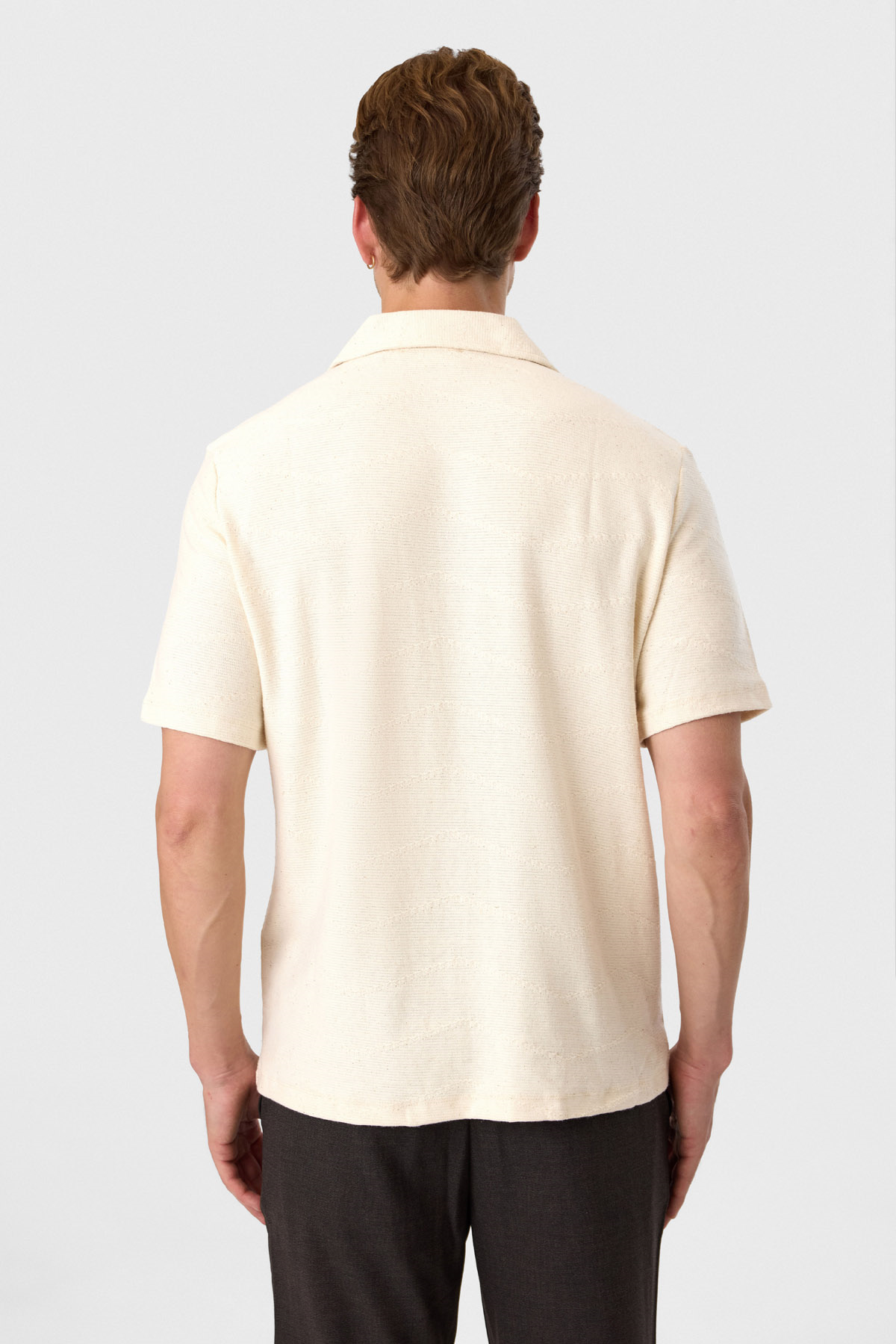 Ekru Relaxed Fit Küba Yaka Örme Gömlek