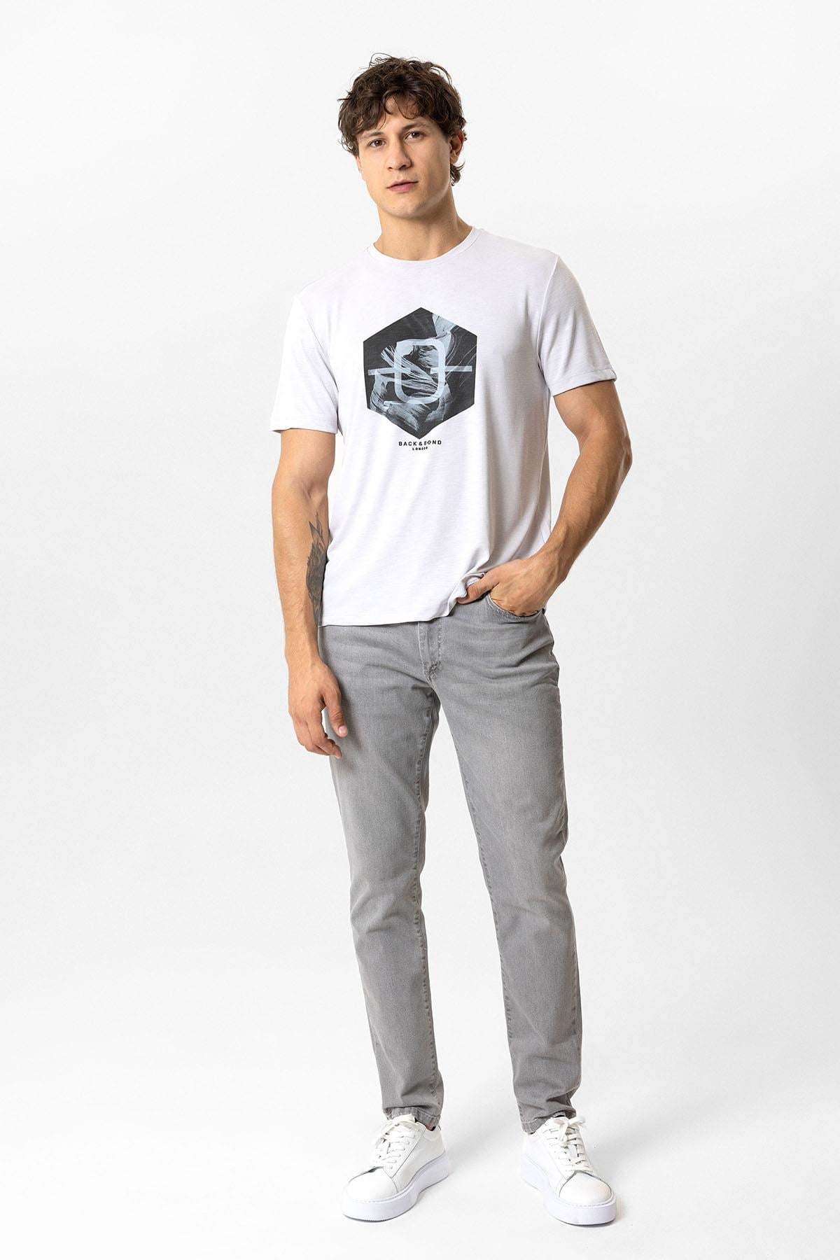 Gri Regular Fit Bisiklet Yaka Baskılı Tişört