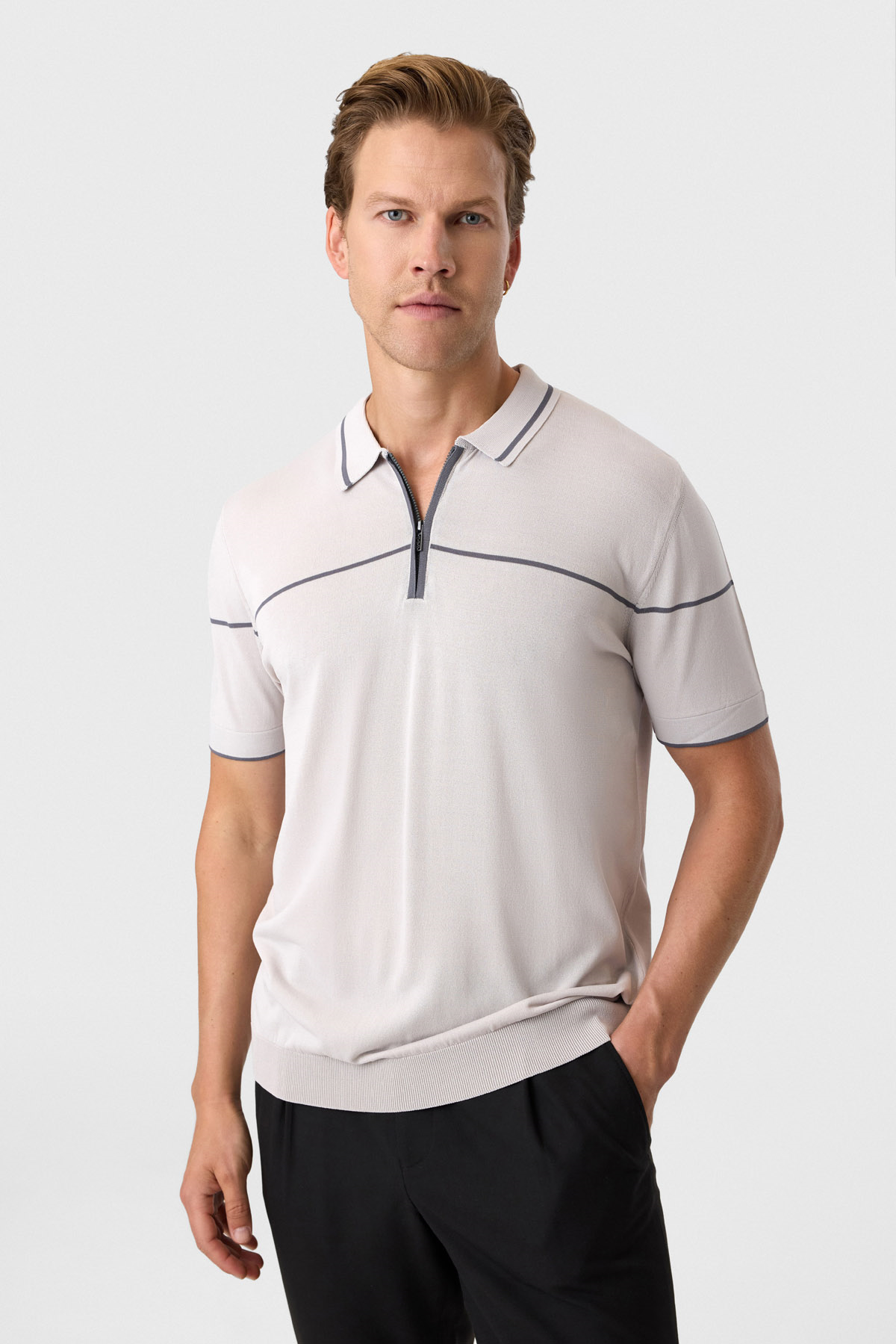 Gri Regular Fit Fermuarlı Polo Yaka Triko Tişört