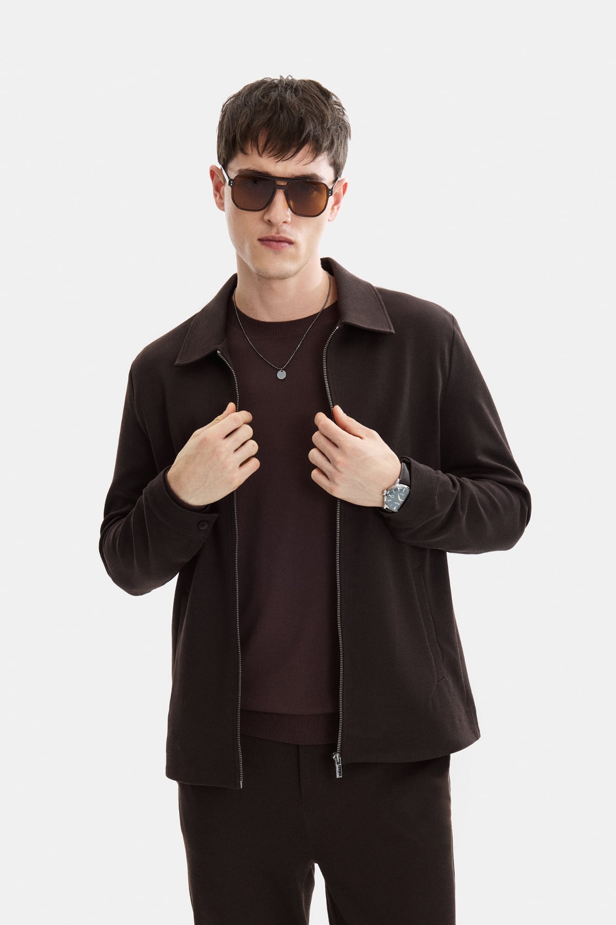 Kahve Regular Fit Jakarlı Diagonel Mont