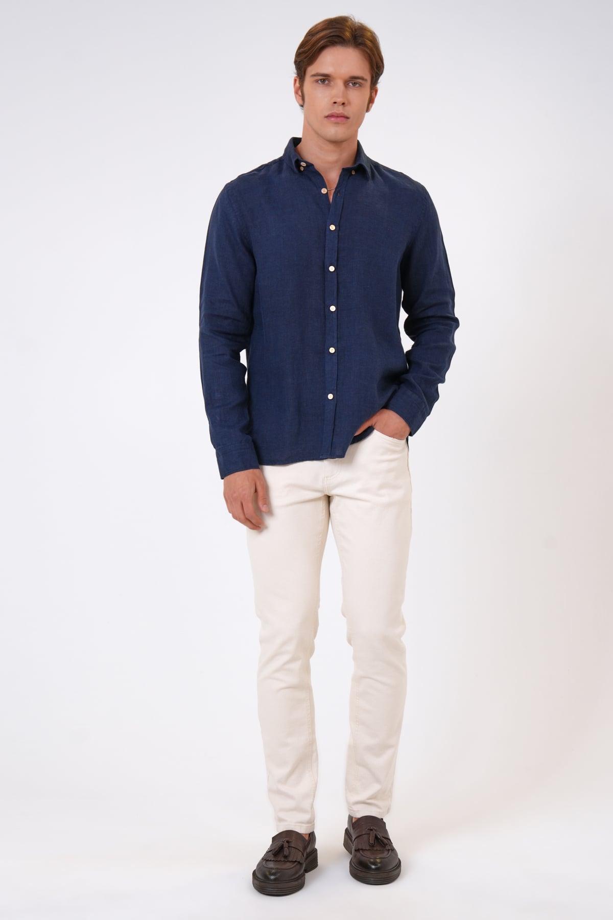 Lacivert Regular Fit Keten Gömlek