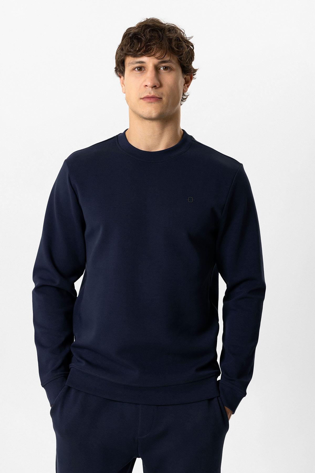 Lacivert Regular Fit Pamuklu Bisiklet Yaka Sweatshirt