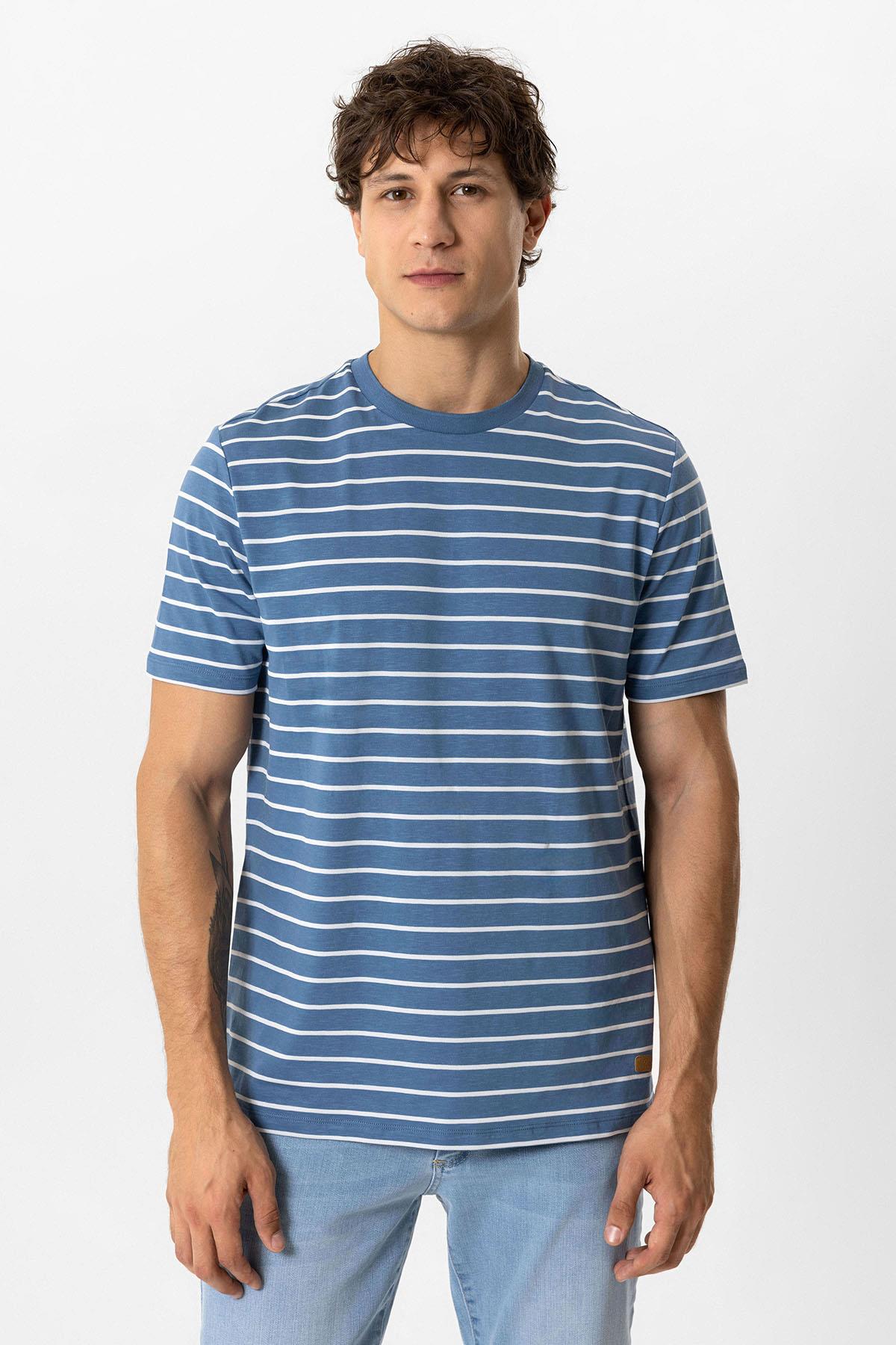 Mavi Regular Fit Bisiklet Yaka Çizgili Tişört