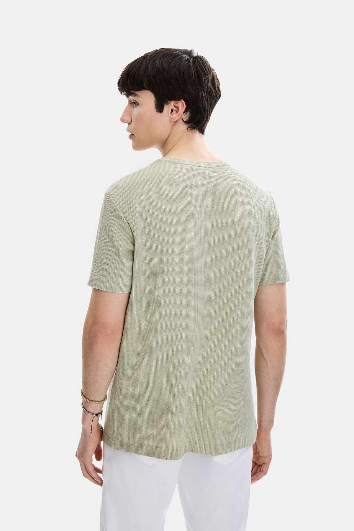 Mint Yeşil Regular Fit Örme Bisiklet Yaka Tişört