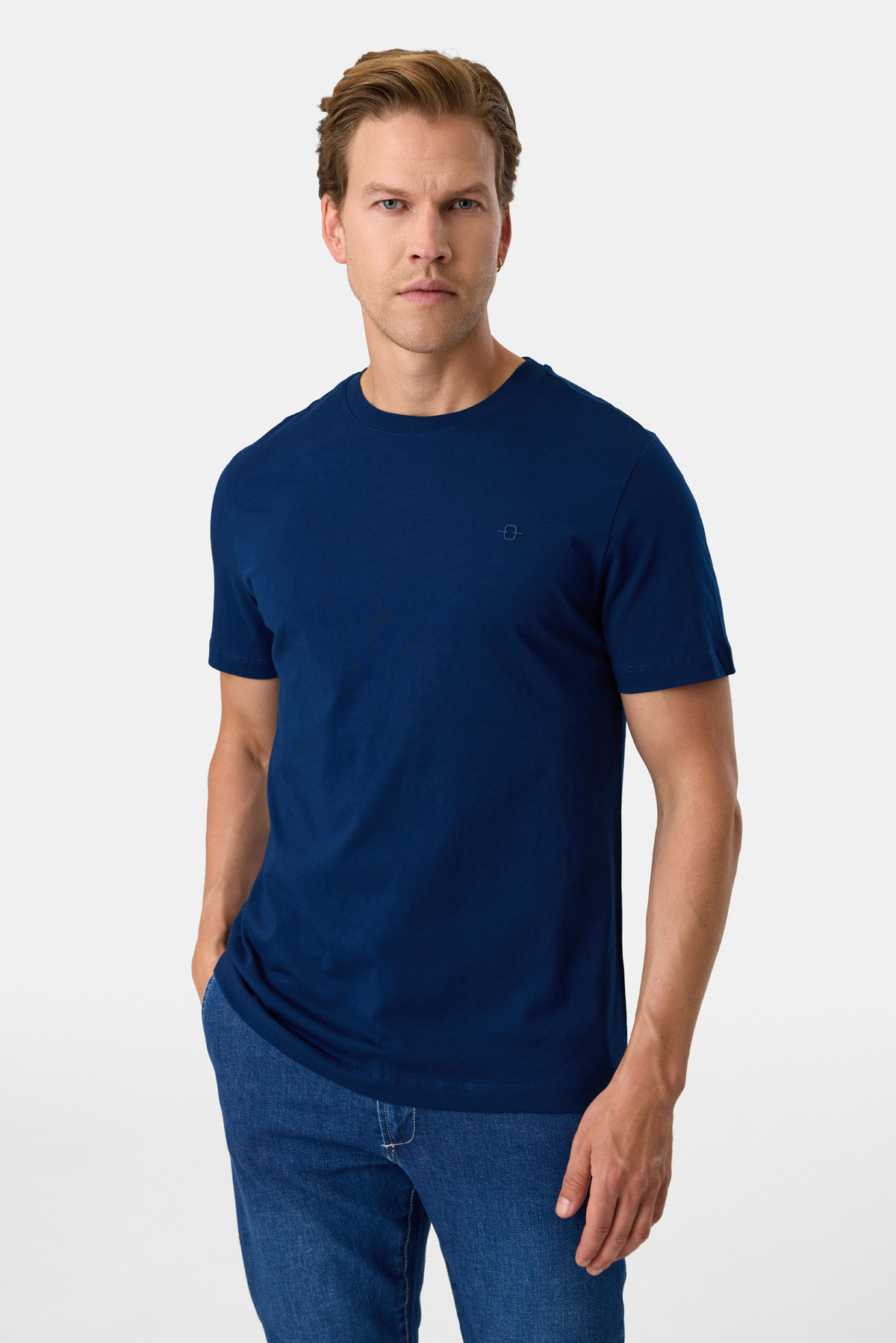 Regular Fit Bisiklet Yaka Lacivert Basic Tişört 