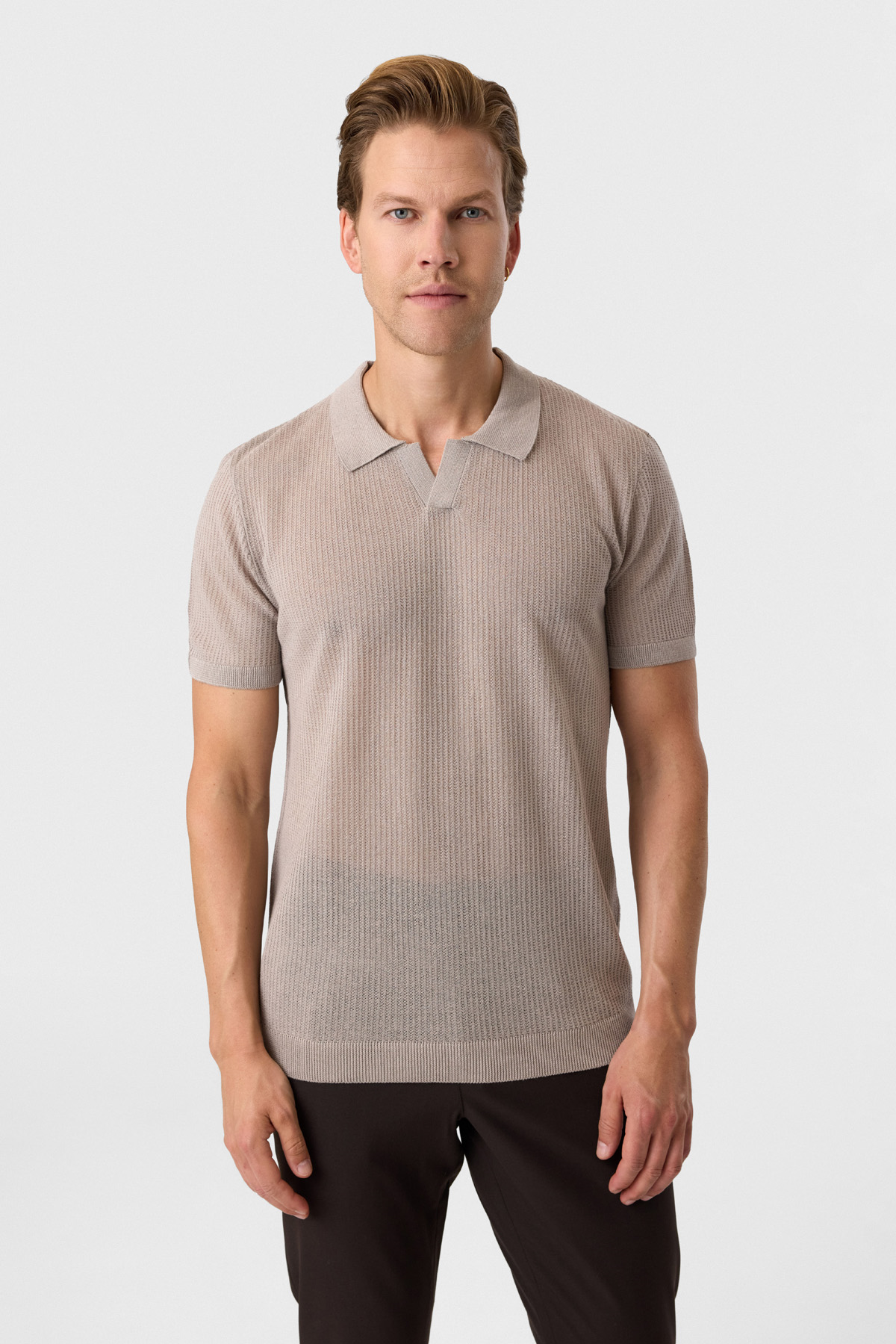 Regular Fit Düğmesiz Vizon Polo Yaka Triko 