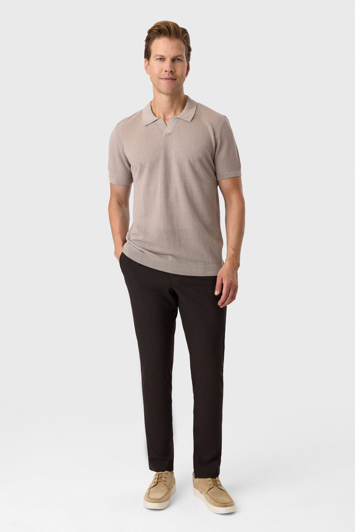 Regular Fit Düğmesiz Vizon Polo Yaka Triko 