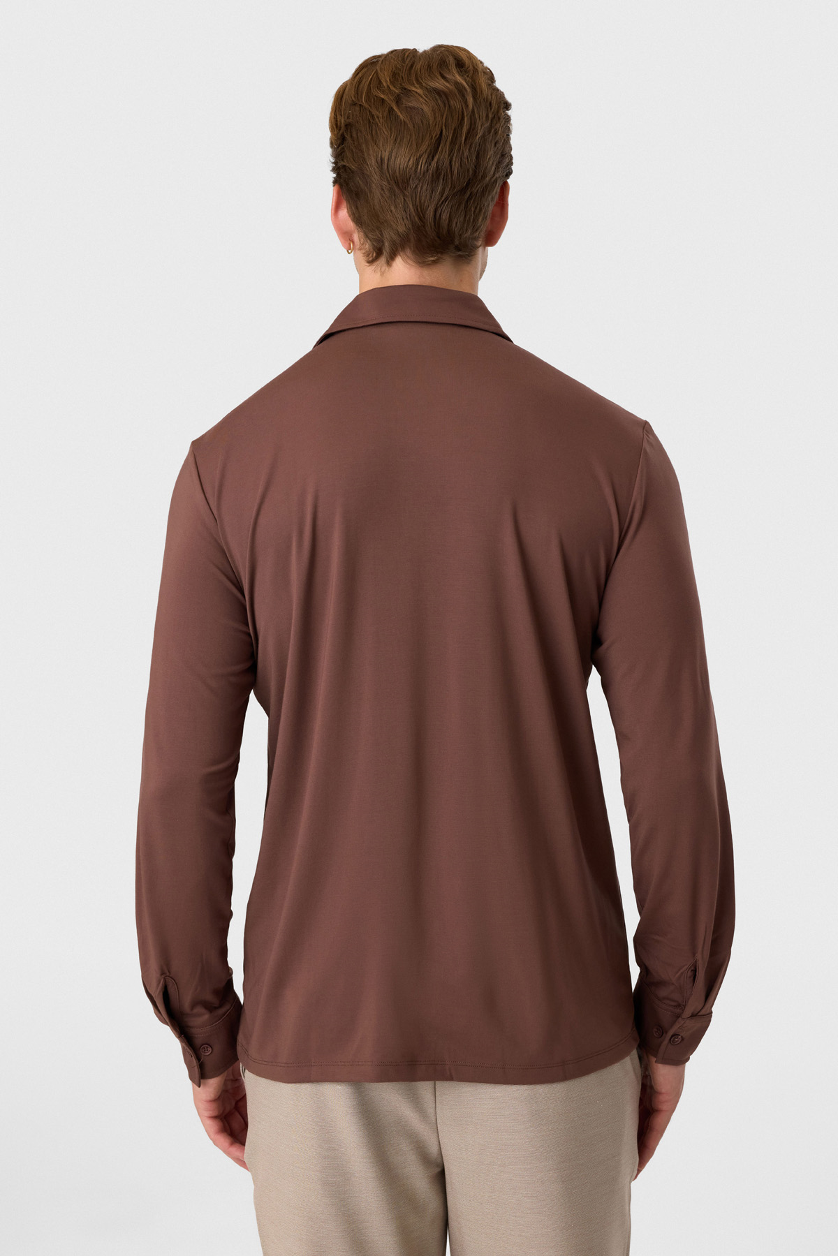 Regular Fit Küba Yaka Açık Kahve Örme Gömlek 