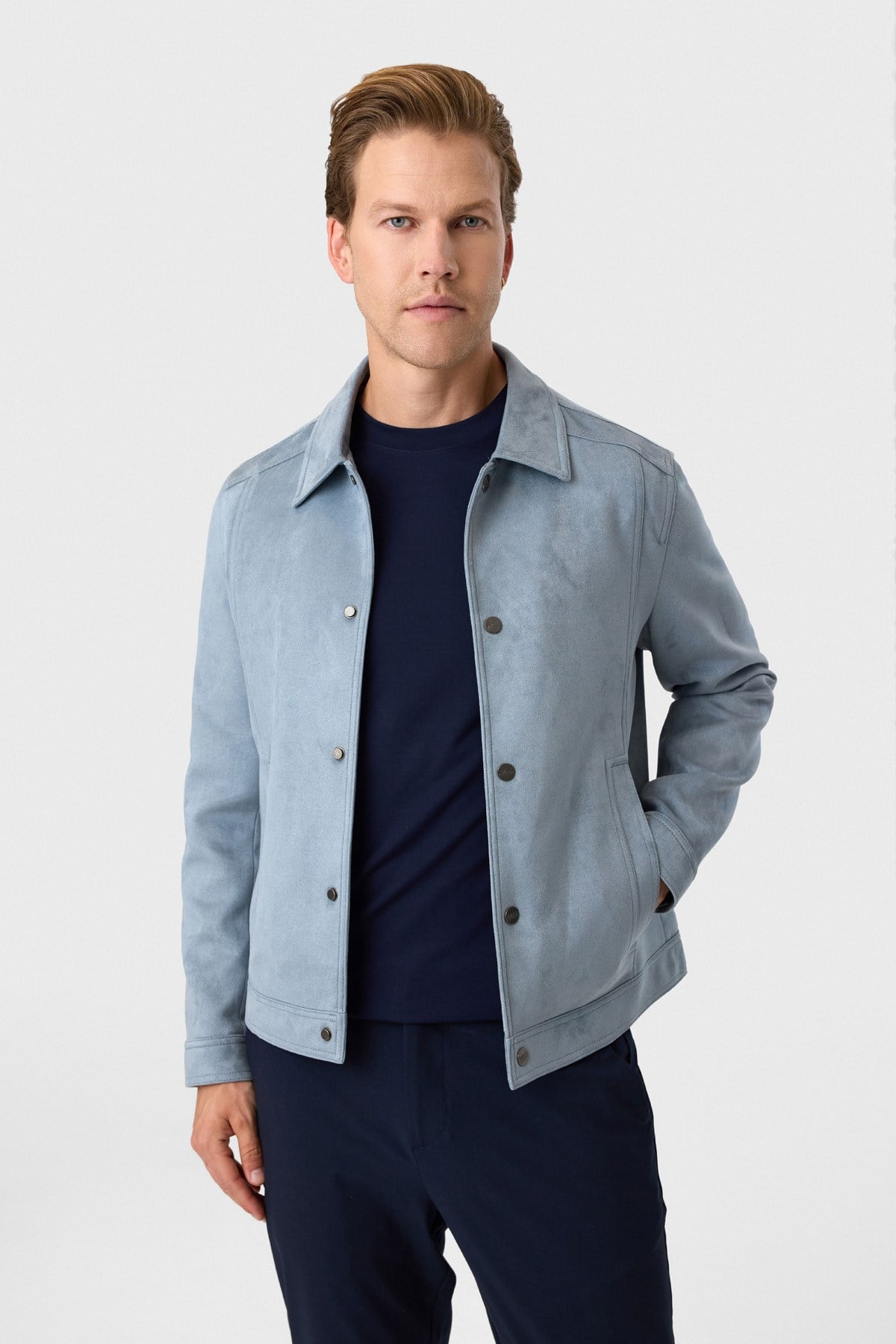 Regular Fit Mavi Süet Mont