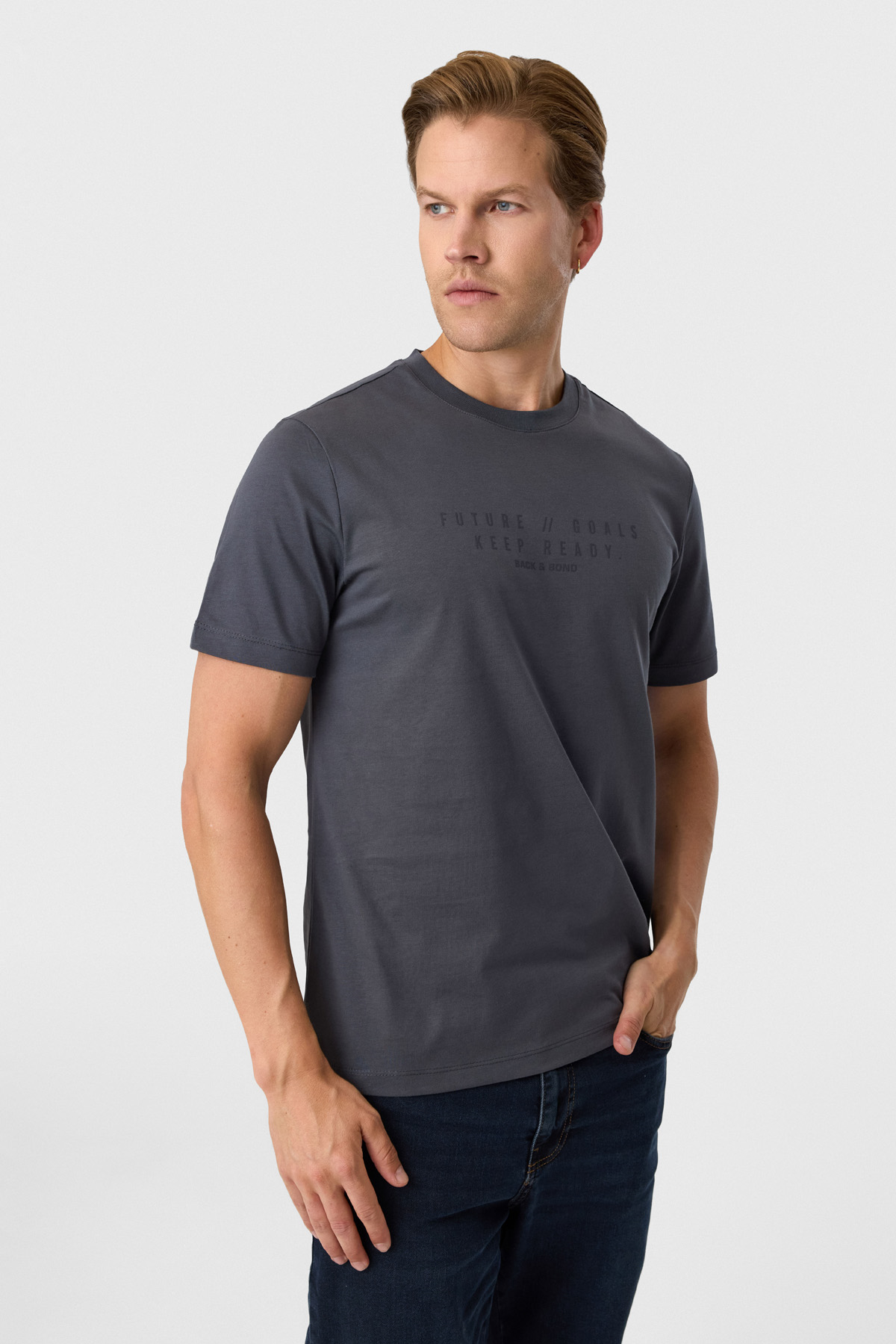 Relaxed Fit Baskılı Antrasit Bisiklet Yaka Tişört