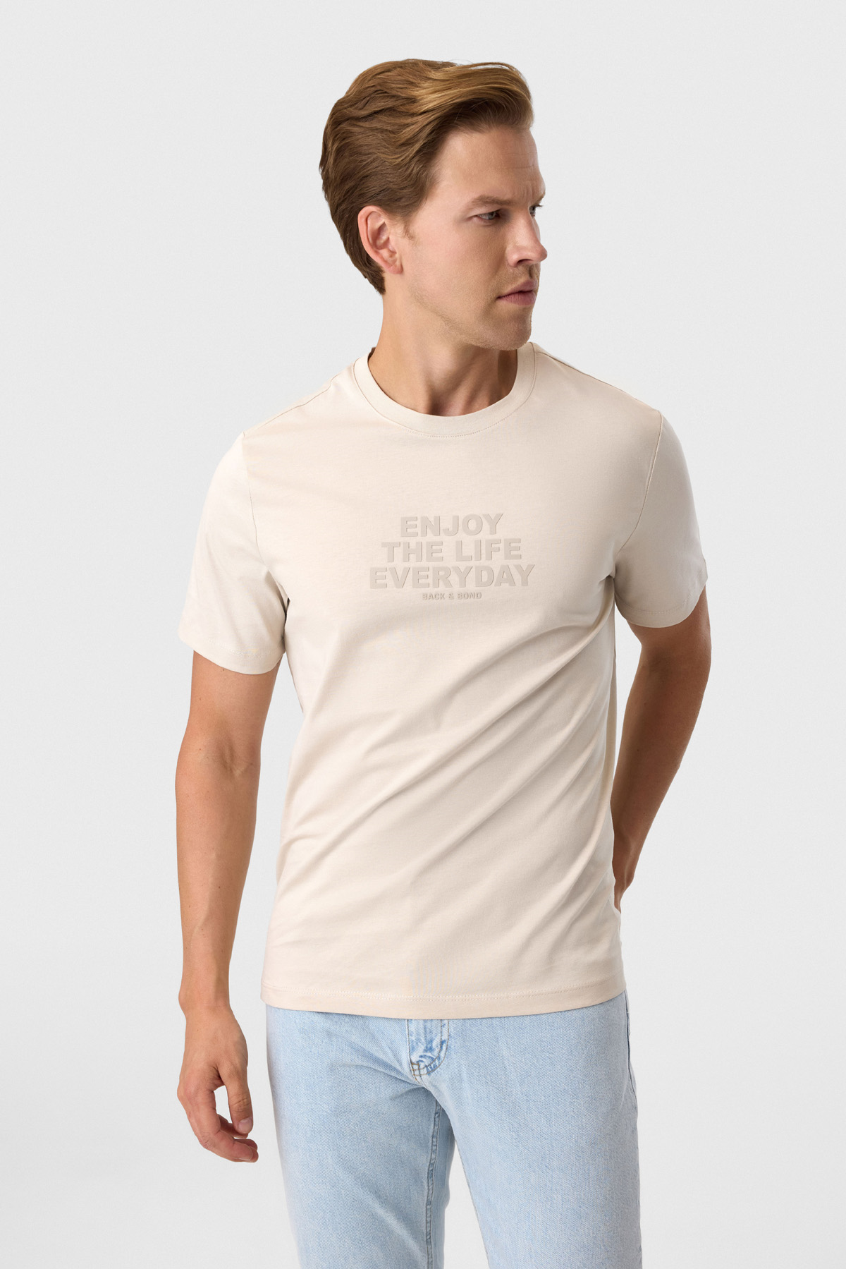 Relaxed Fit Baskılı Bej Bisiklet Yaka Tişört