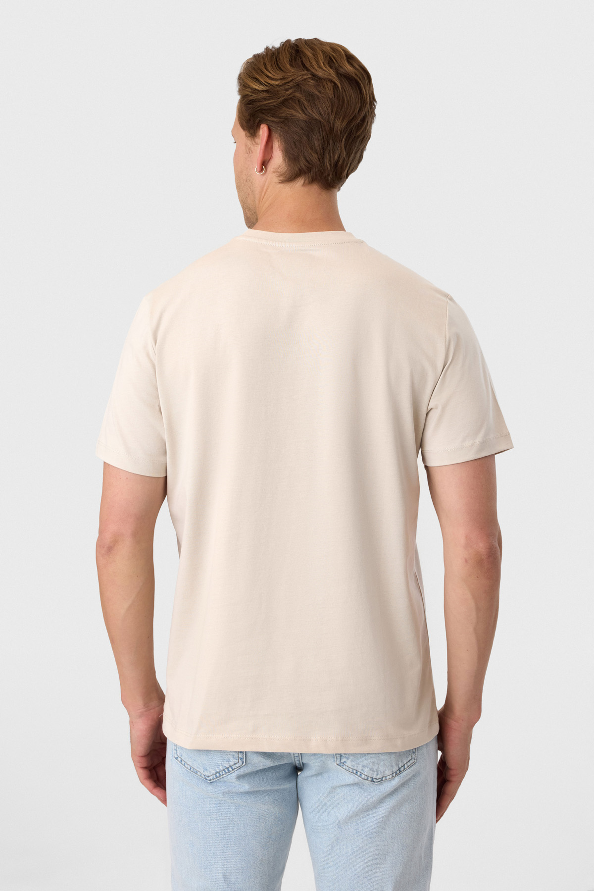 Relaxed Fit Baskılı Bej Bisiklet Yaka Tişört