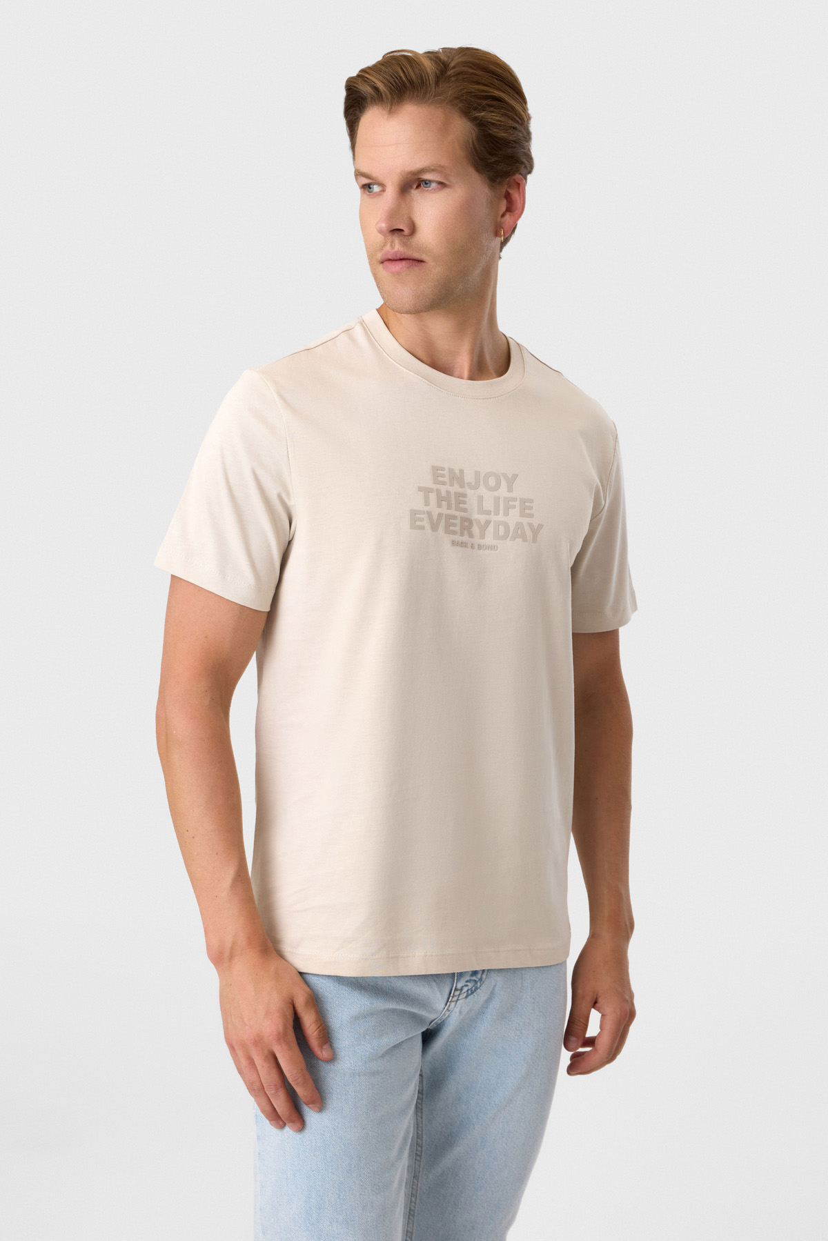 Relaxed Fit Baskılı Bej Bisiklet Yaka Tişört