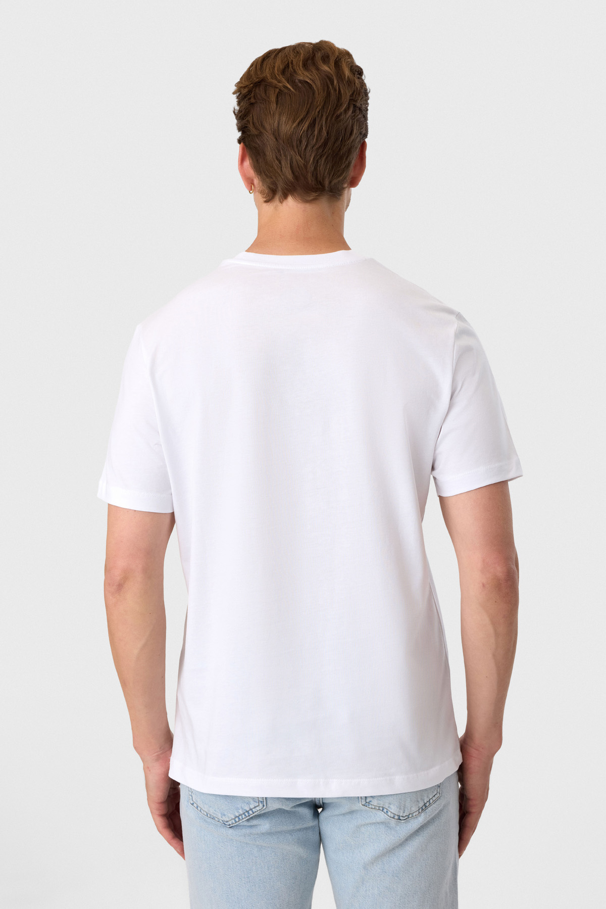 Relaxed Fit Baskılı Beyaz Bisiklet Yaka Tişört