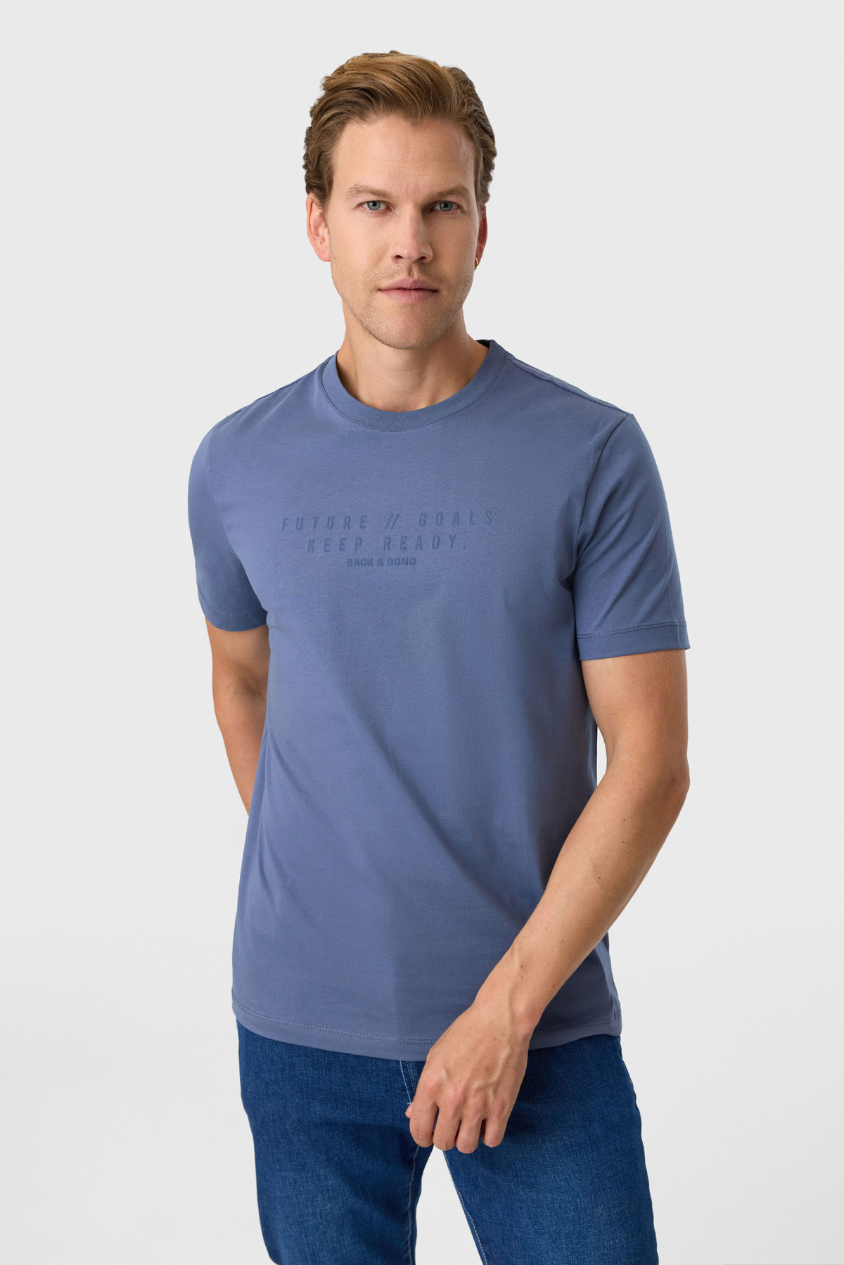 Relaxed Fit Baskılı İndigo Bisiklet Yaka Tişört