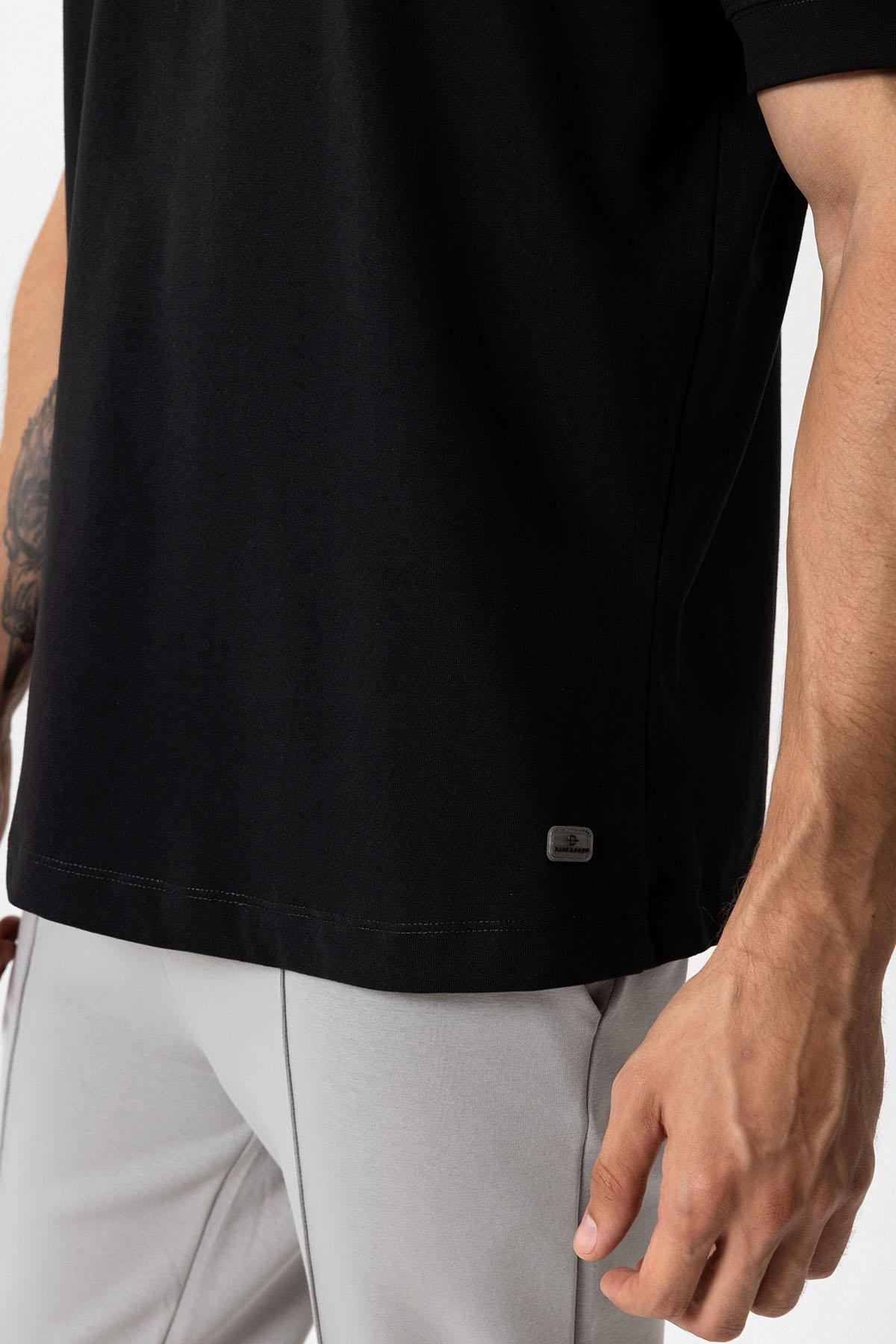 Siyah Relaxed Fit %100 Pamuk Kısa Kollu Bisiklet Yaka Sweatshirt