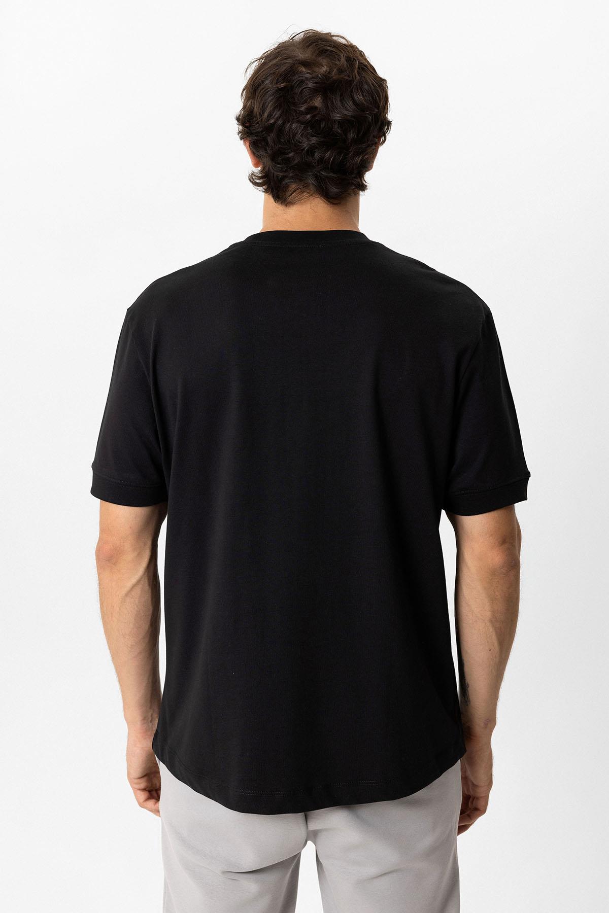 Siyah Relaxed Fit %100 Pamuk Kısa Kollu Bisiklet Yaka Sweatshirt
