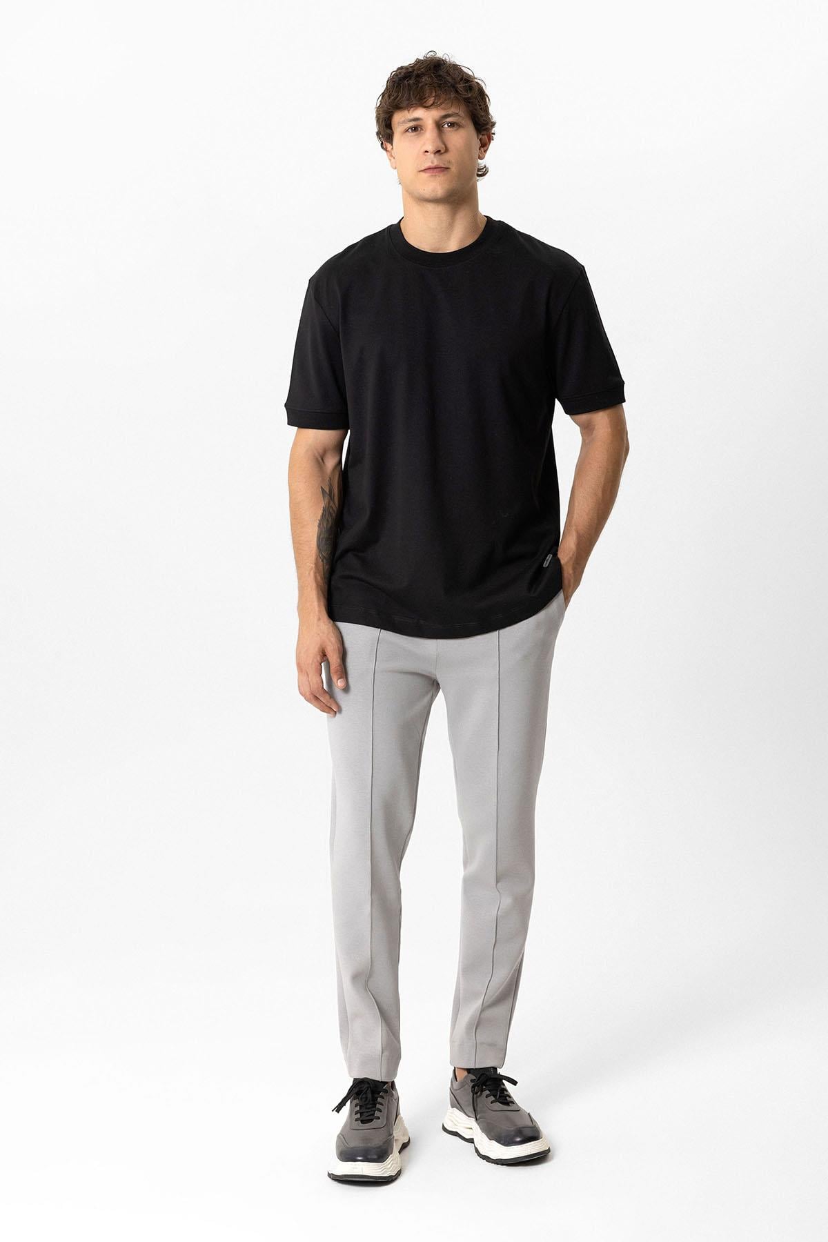 Siyah Relaxed Fit %100 Pamuk Kısa Kollu Bisiklet Yaka Sweatshirt