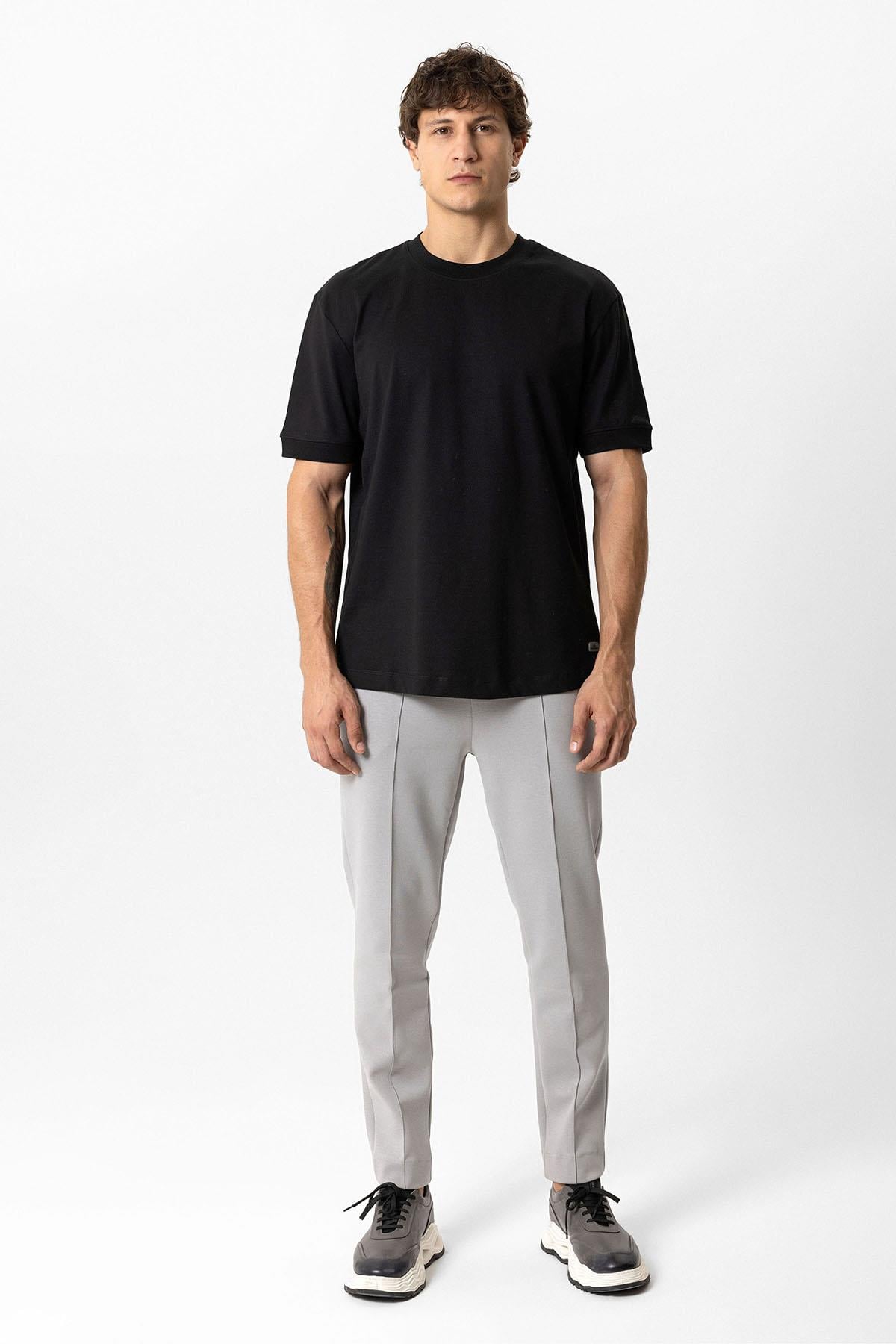 Siyah Relaxed Fit %100 Pamuk Kısa Kollu Bisiklet Yaka Sweatshirt