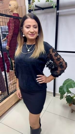 ANGORA SİYAH KOLU TÜLLÜ KAZAK