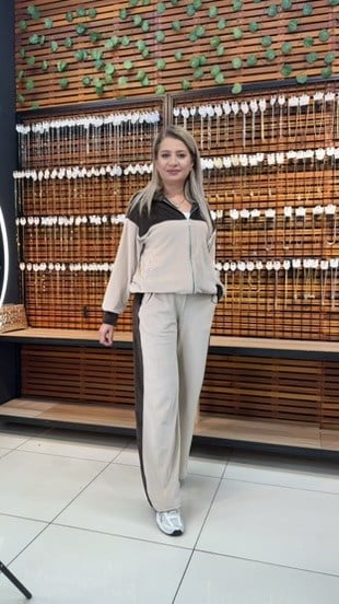 EKRU KAHVE KADİFE EŞOFMAN TAKIMI