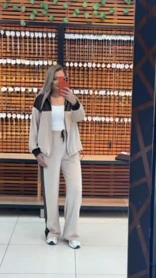 EKRU KAHVE KADİFE EŞOFMAN TAKIMI