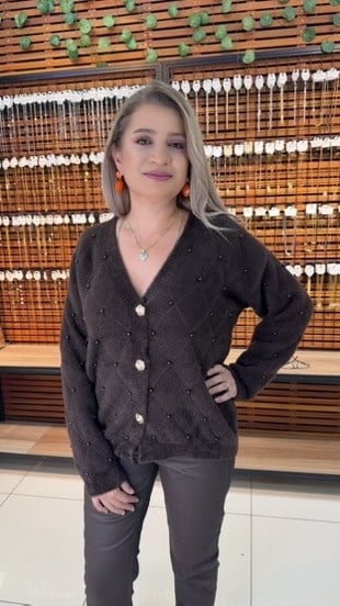 İNCİ DETAYLI ANGORA KAHVE HIRKA