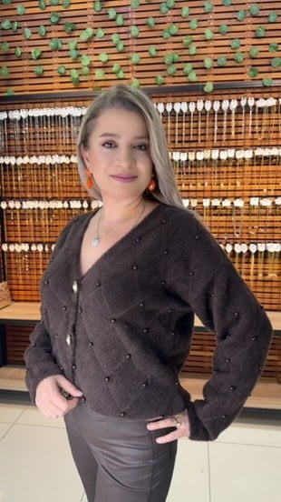İNCİ DETAYLI ANGORA KAHVE HIRKA