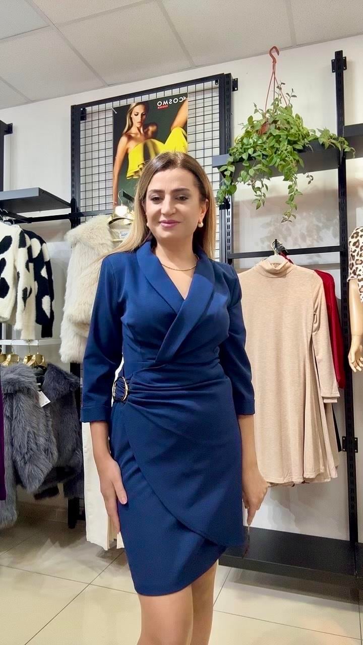 LACİVER KRUVAZE YAKA DRAPELİ KISA ELBİSE