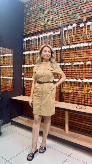 TABA RENGİ KISA GÖMLEK ELBİSE