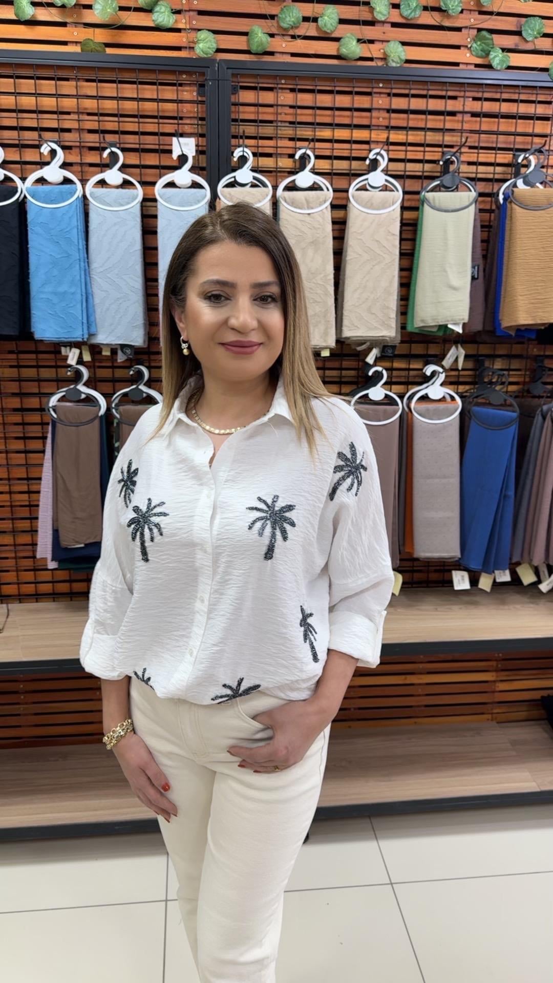 TAŞ DETAYLI BEYAZ KETEN GÖMLEK